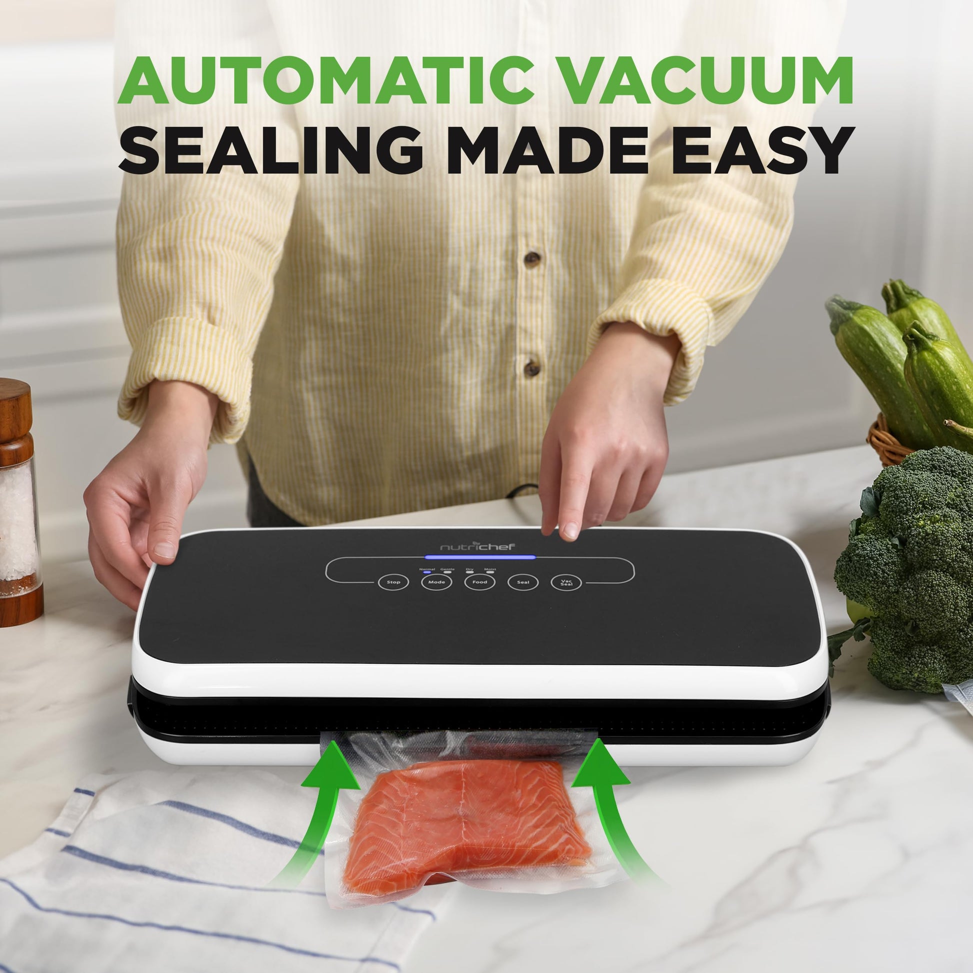 NutriChef Automatic Vacuum Air Sealing System for Food Preservation with Starter Kit, Compact Design, Lab Tested, Dry &amp; Moist Food Modes with Led Indicator Lights, Black