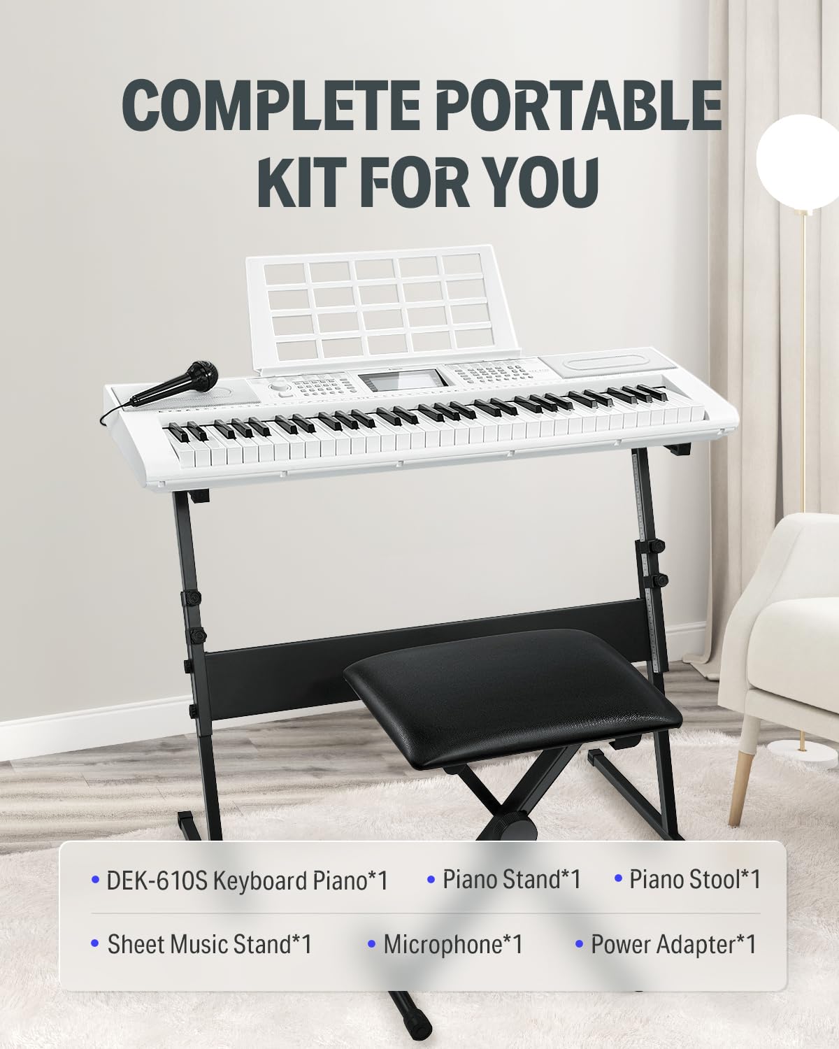 Donner Keyboard Piano, 61 Key Piano Keyboard for Beginner/Professional, Electric Keyboard Kit with 249 Voices, 249 Rhythms - Includes Music Stand, Microphone, Black (DEK-610S)