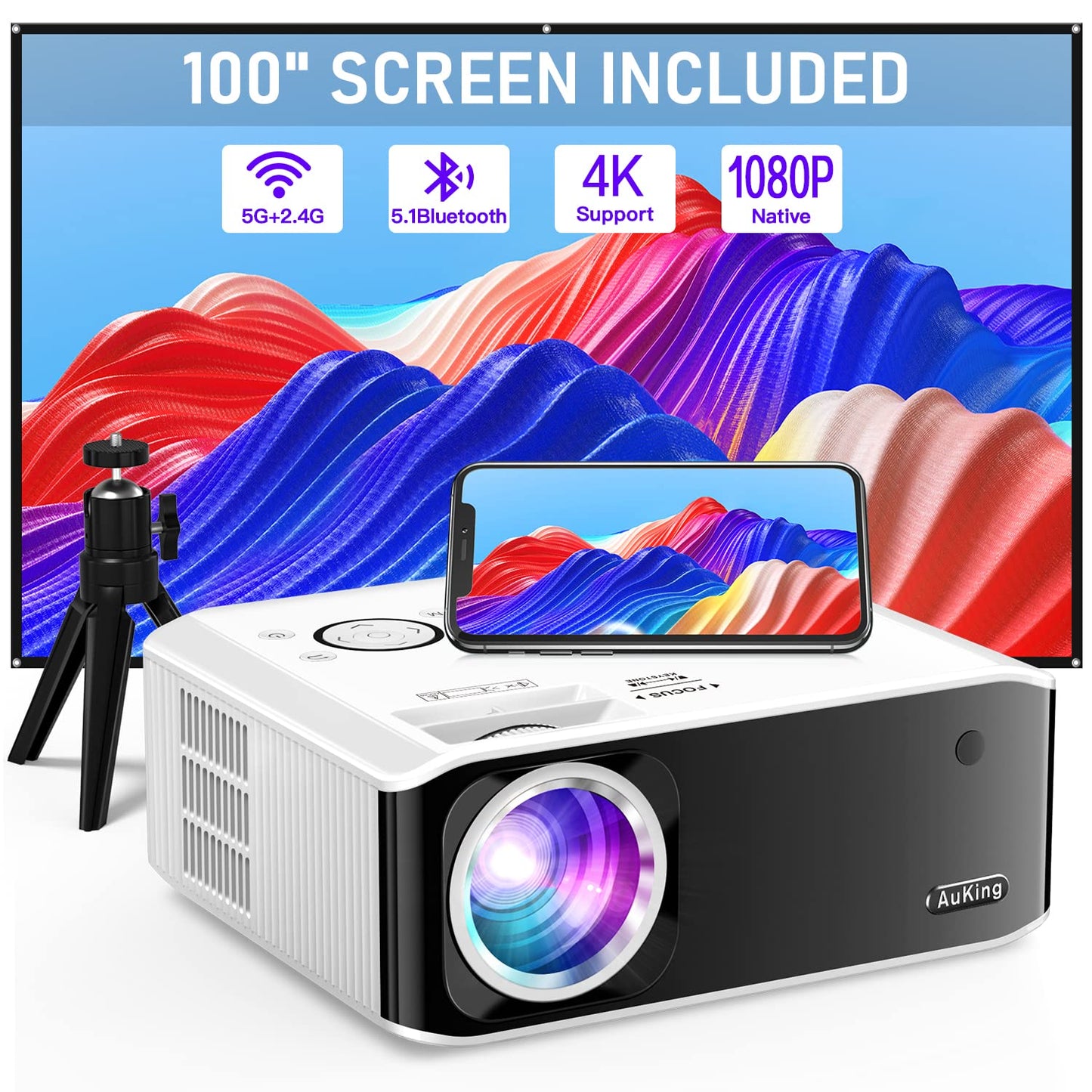 AuKing Projector, 2024 Upgraded Mini Projector, Full HD 1080P Home Theater Video Projector, Compatible with HDMI/USB/AV/Smartphone/TV Box/Laptop