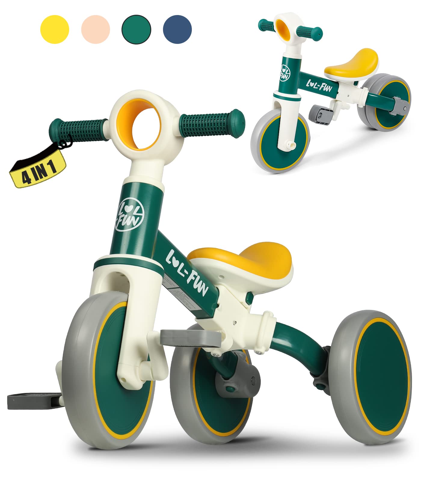 LOL-FUN 4 in 1 Toddler Balance Bike for 1-4 Years Old Boys Girls Gift, 3 Wheel Baby Bicycle for 1 Year Old Kids Tricycle with Easy Assembly Removable Pedal