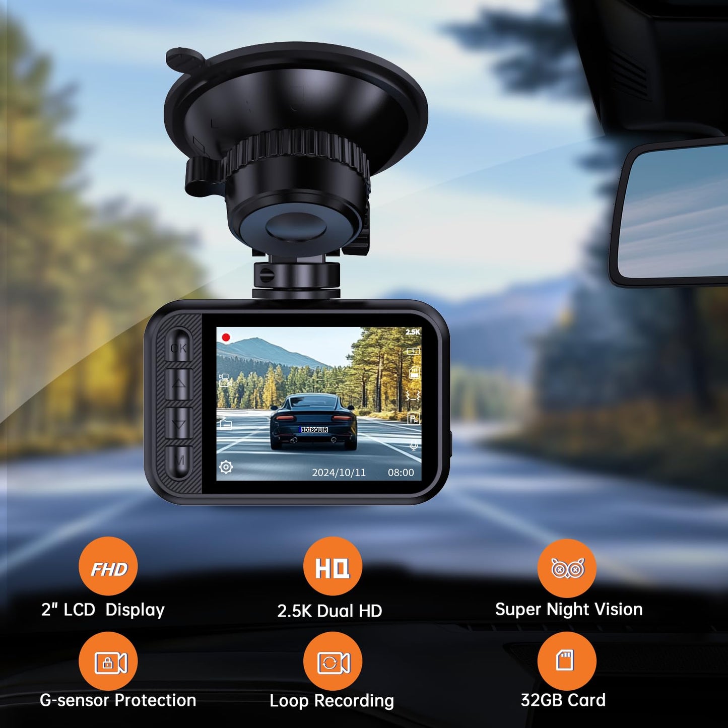 Dash Cam Front and Rear, 2.5K Dual Dash Camera for Cars, 2560P Mini Car Camera, 2 inch IPS Screen, 32GB Card Included, WDR Night Vision, 24 Hours Parking Monitor, G-Sensor, Support 256 GB Max