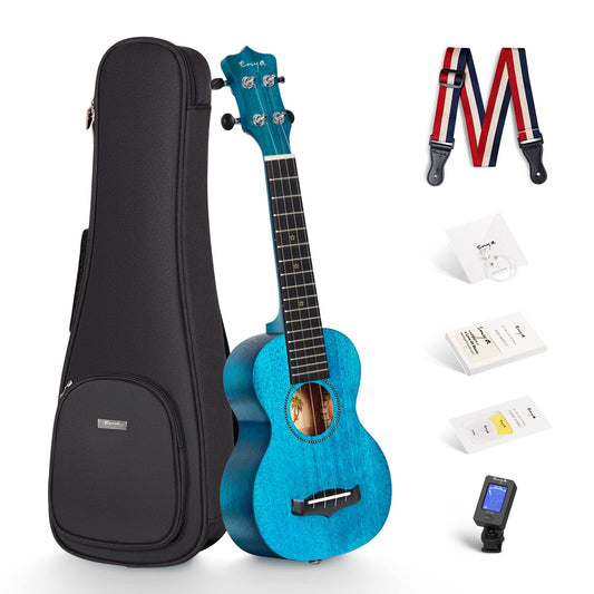 Enya Concert Ukulele 23 Inch Blue Solid Mahogany Top with Ukulele Starter Kit Includes Online Lessons, Tuner,Case, Strap, Strings, Capo, Sand Shaker, Pick,Polish Cloth (EUC-25D BU)