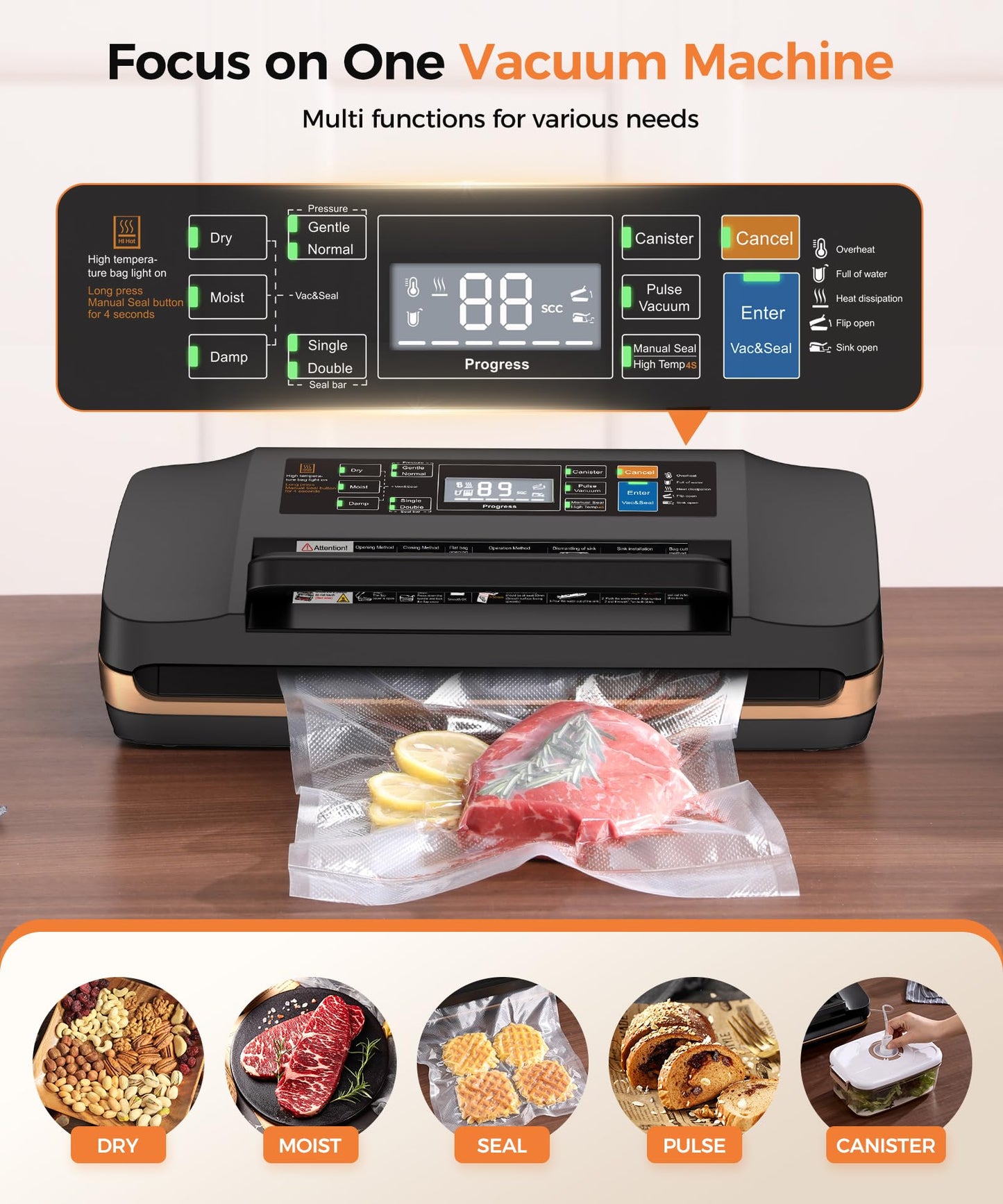 95kpa Vacuum Sealer Machine,Commercial Full Automatic Food Sealer,Powerful Sealing System with Double Heat Seal,Bags Storage, Easy-Lock Handle,Build-in Cutter,1 Bag Rolls and 10 pcs Pre-cut Bags