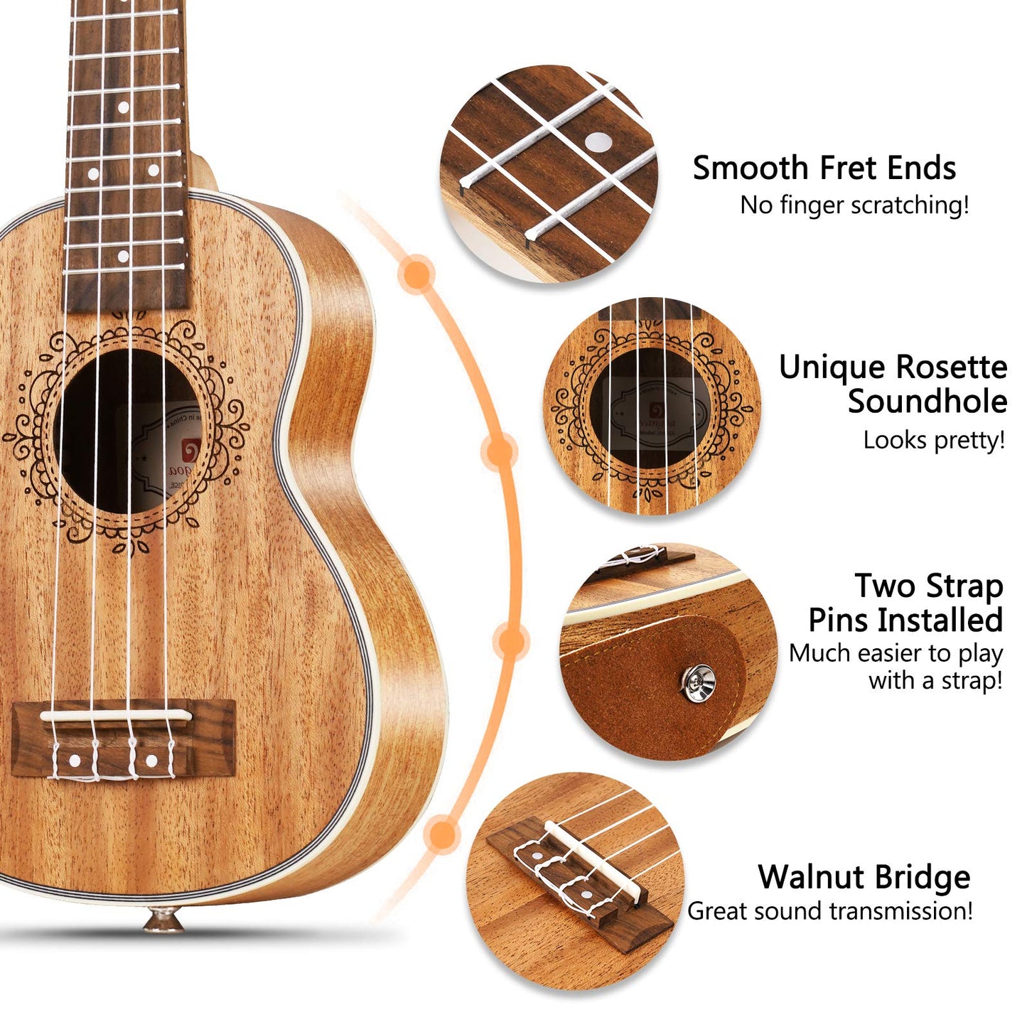 Ukulele Soprano Mahogany 21 Inch Professional Acoustic Ukelele Four String Wooden Hawaiian Uke Beginner Kit for Kids Students Starter Kit, by Vangoa