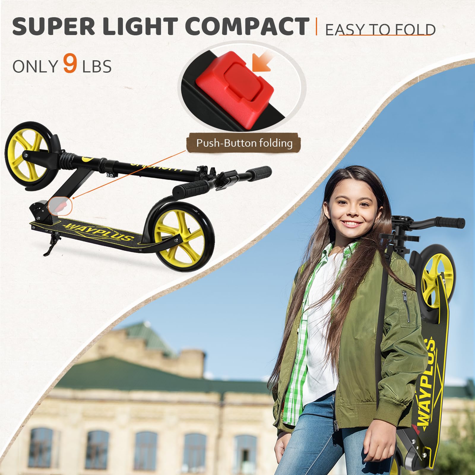 Kick Scooter for Ages 6+,Kid, Teens &amp; Adults. Max Load 240 LBS. Foldable, Lightweight, 8IN Big Wheels for Kids, Teen and Adults, 4 Adjustable Levels. Bearing ABEC9