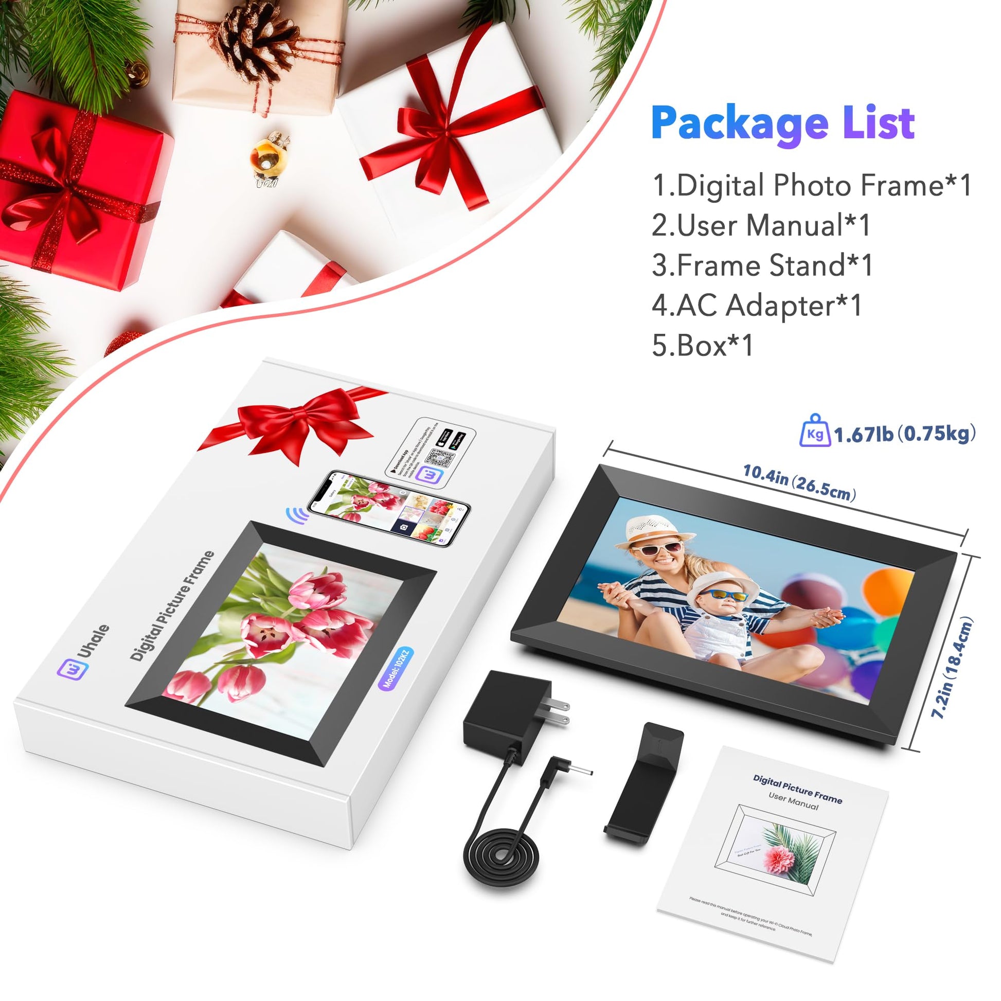 Uhale 10.1" Digital Picture Frame with 32GB Storage Support SD Card, Electronic Photo Frames with 1280x800 HD IPS Touch Screen, Instantly and Securely Share Memories, Send Wishes from Anywhere