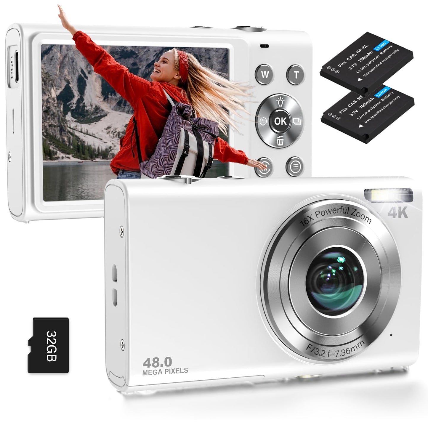 Digital Camera, Autofocus UHD 4K Vlogging Camera with 32GB Card, 48MP 16X Digital Zoom Digital Camera, Anti-Shake Portable YouTube Compact Point Shoot Camera for Teens Adult Beginner(White)