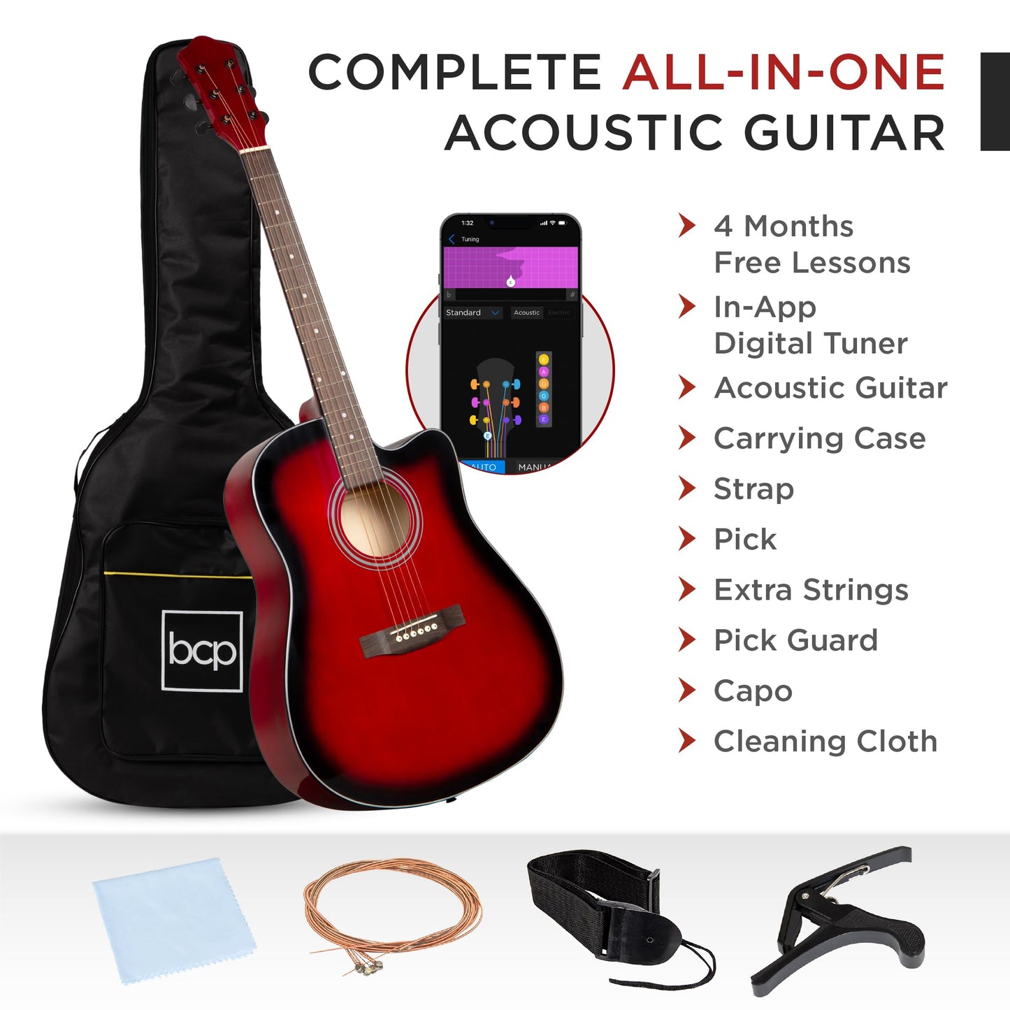 Best Choice Products 41in Beginner Acoustic Guitar Full Size All Wood Cutaway Guitar Starter Set w/Case, Strap, Capo, Strings, Picks - Aged Natural