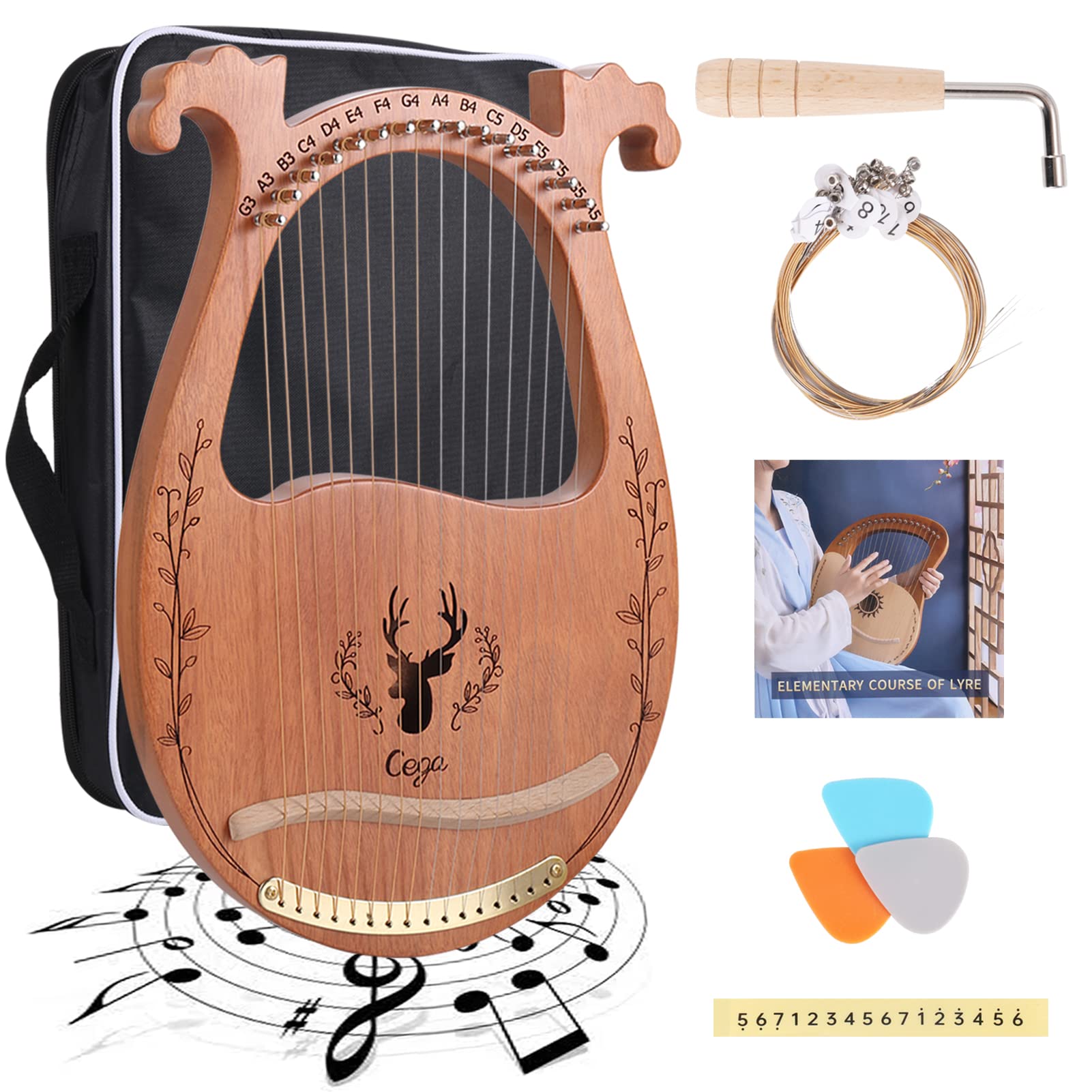 Lyre Harp, 16 Strings Mahogany Acoustic Harp with Extra Strings, Picks, Tuning Lever, Black Gig Bag, Beginner's Manual for Lyre