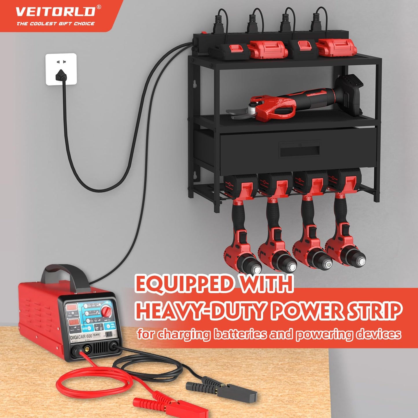 Veitorld Power Tool Organizer with Charging Station, Garage Tool Storage Organizer Built in 8 Outlet Power Strip with Drawers, 6 Drill Holder Wall Mount, Gifts for Men Dad Husband Him Fathers Day