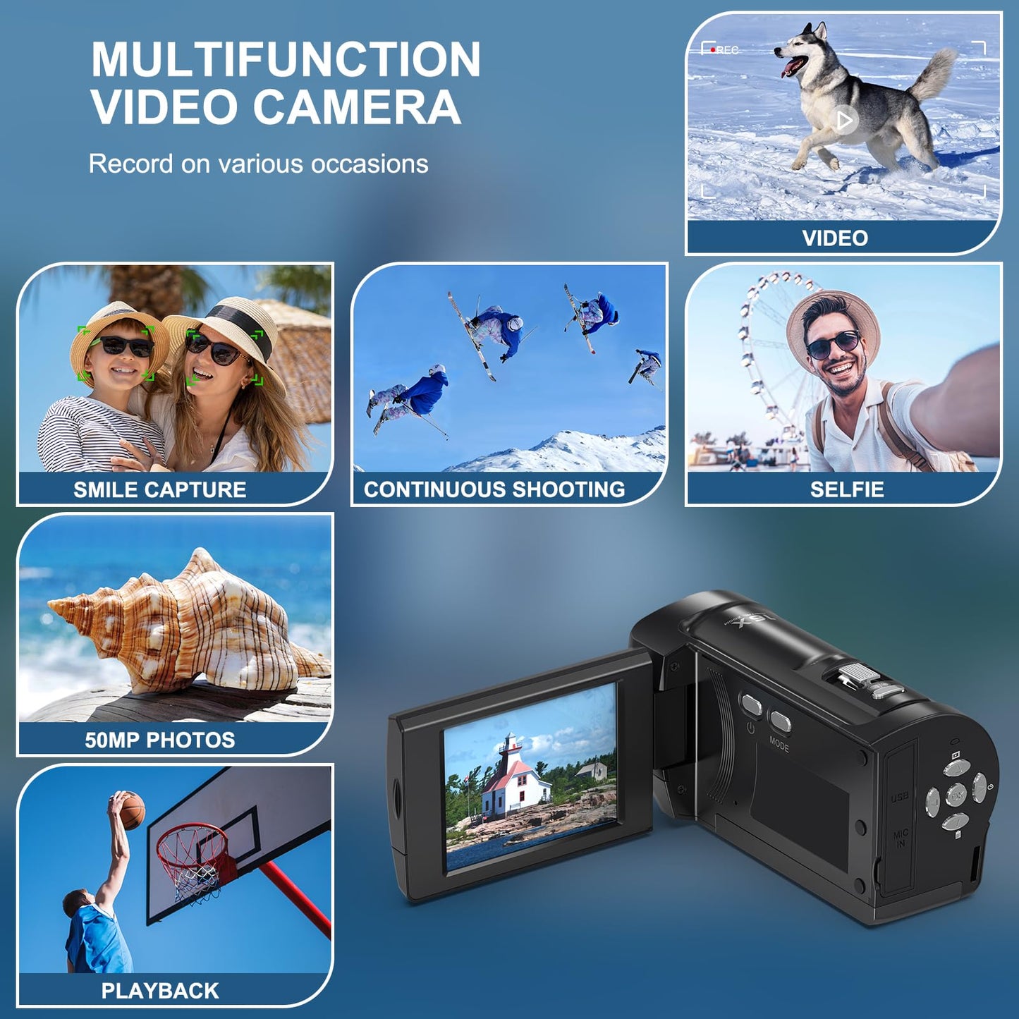 Video Camera Camcorder, QHD 2.7K Camcorder 50MP 16X Digital Video Camera for YouTube, 2.8'' 270 Degree Rotation Screen Video Recorder Vlogging Camera with 32GB Card and Two Batteries, black