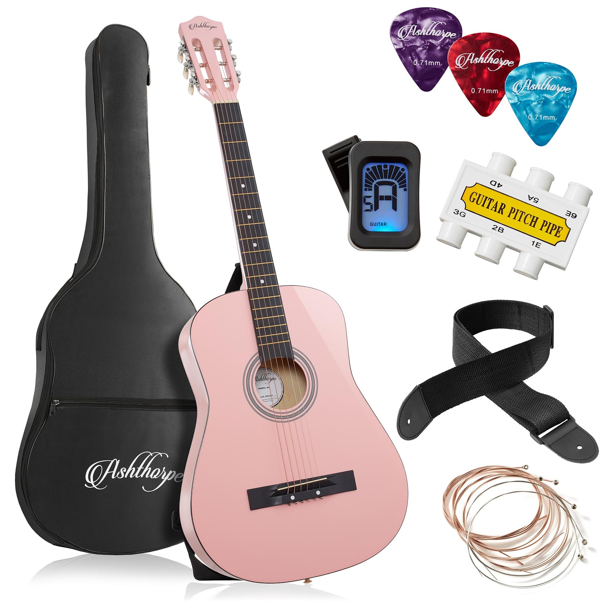 Ashthorpe 30-inch Beginner Acoustic Guitar Package (Black), Basic Starter Kit w/Gig Bag, Strings, Strap, Tuner, Picks