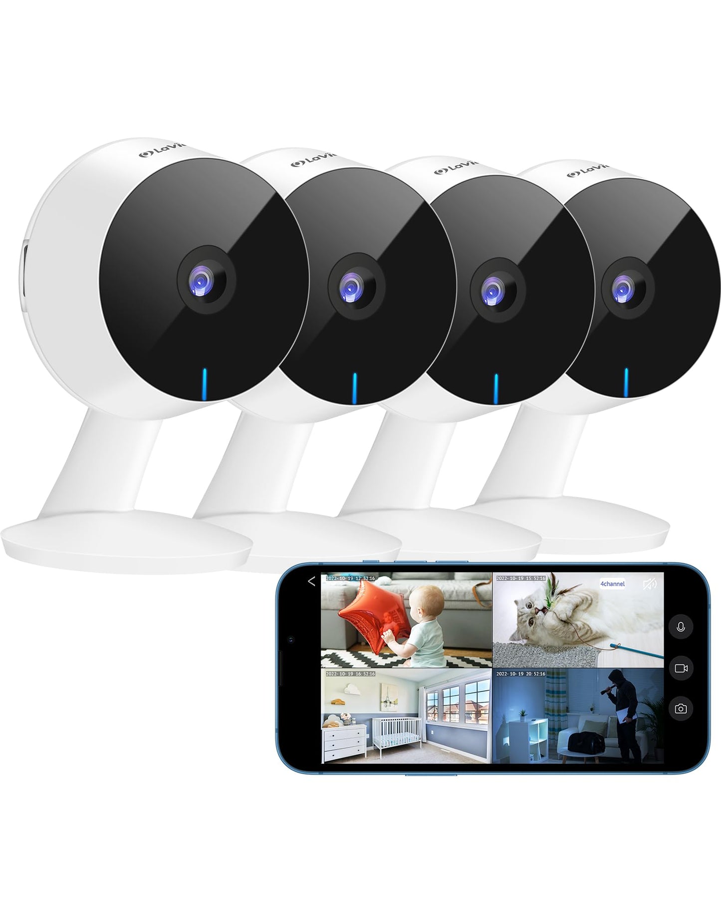 LaView Security Cameras 4pcs, Home Security Camera Indoor 1080P, Wi-Fi Cameras Wired for Pet, Motion Detection, Two-Way Audio, Night Vision, Phone App, Works with Alexa, iOS &amp; Android &amp; Web Access