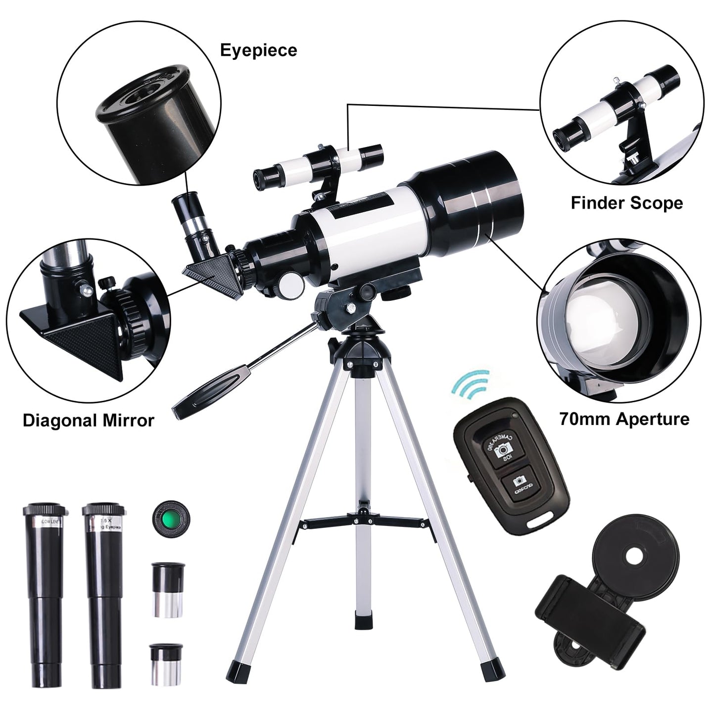 Telescope for Adults &amp; Kids, 70mm Aperture Refractor (15X-150X) Portable Travel Telescope with Phone Adapter &amp; Wireless Remote, Astronomy Beginners Gifts, Black