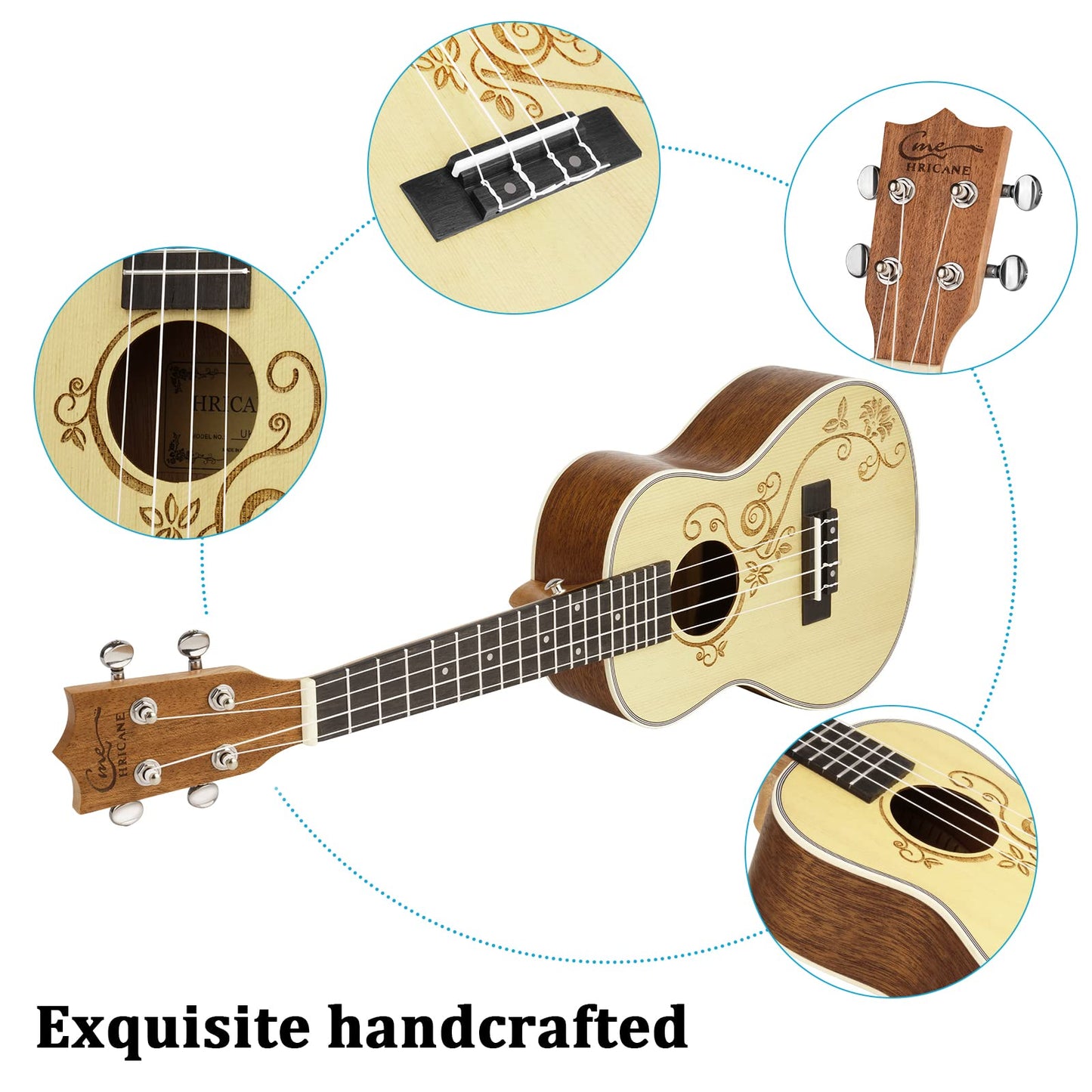 Hricane Ukulele, Concert Ukulele Koa 23 Inch Professional Ukulele Kit for Adults &amp; Beginners with Gig Bag, Strap, Nylon String, Tuner, Guitar Picks, Cleaning Cloth