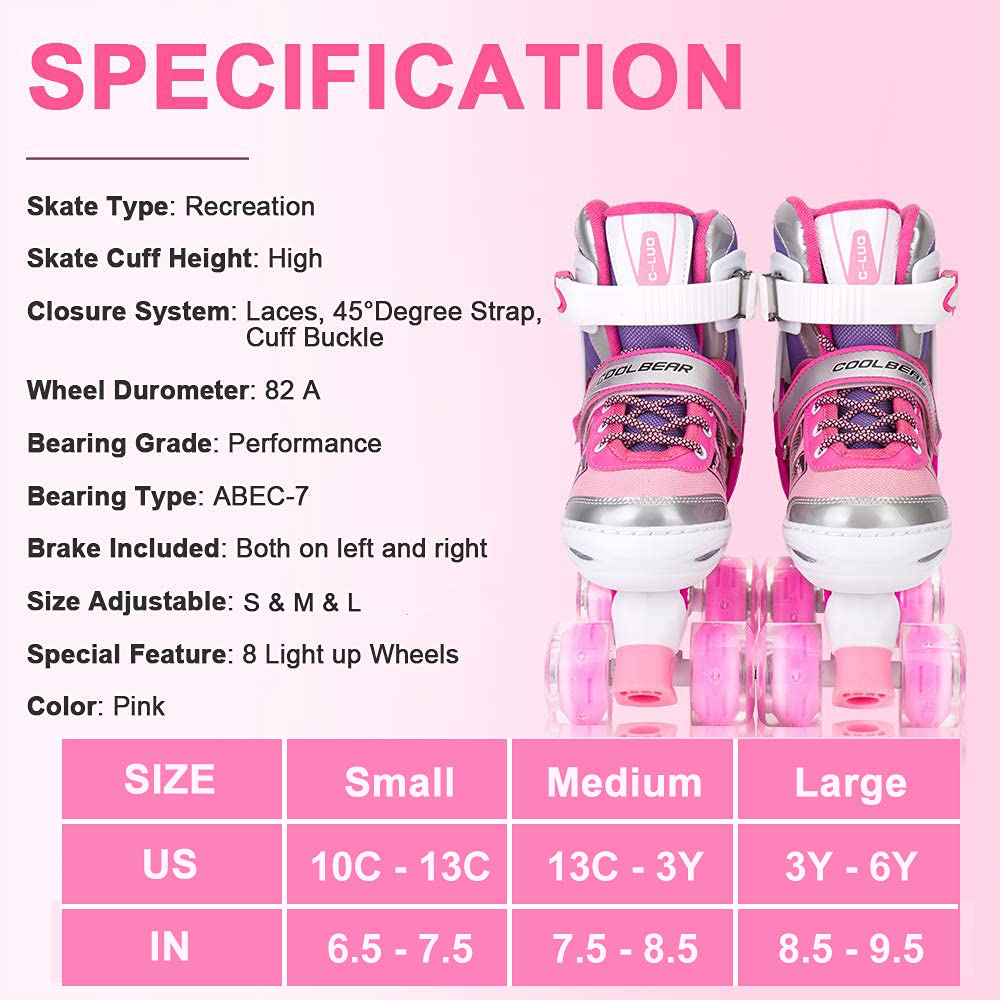 Sowume Adjustable Roller Skates for Girls and Women, All 8 Wheels of Girl's Skates Shine, Safe and Fun Illuminating for Kids