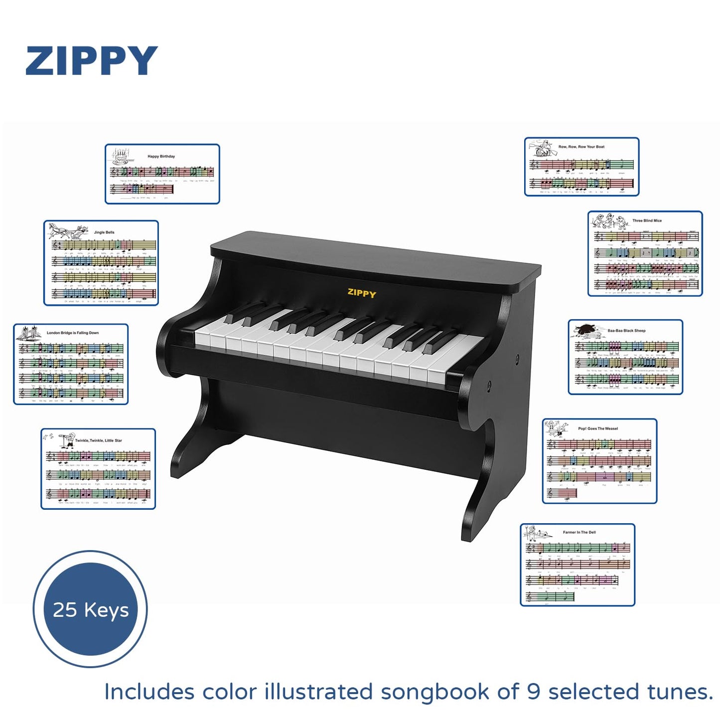 ZIPPY Kids Piano Keyboard, 25 Keys Digital Piano for Kids, Mini Music Educational Instrument Toy, Wood Piano for Toddlers Girls Boys, Black