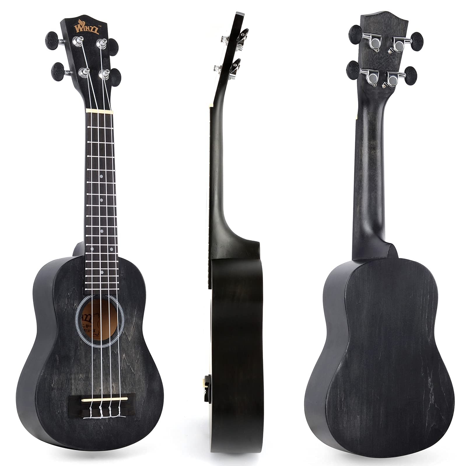 WINZZ HAND RUBBED Series - 21 Inches Soprano Ukulele Vintage Hawaiian Uke with Online Lessons, Bag, Tuner, Strap, Extra Strings, Fingerboard Sticker, Black