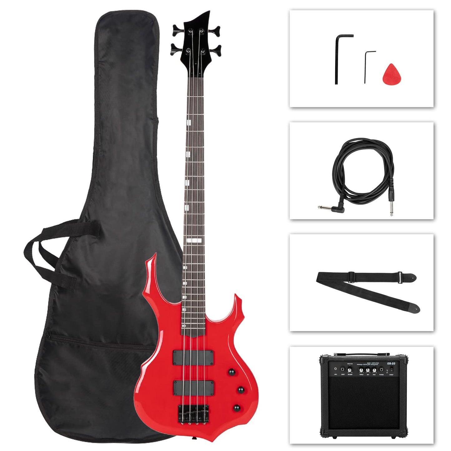 Ktaxon Electric Bass Guitar Full Size Flame Design Bass Set with 20 Watt Amplifier, Portable Bass Bag, Superior Amp Wire, Adjustable Guitar Strap, Plectrum, Wrench Tool(Black)