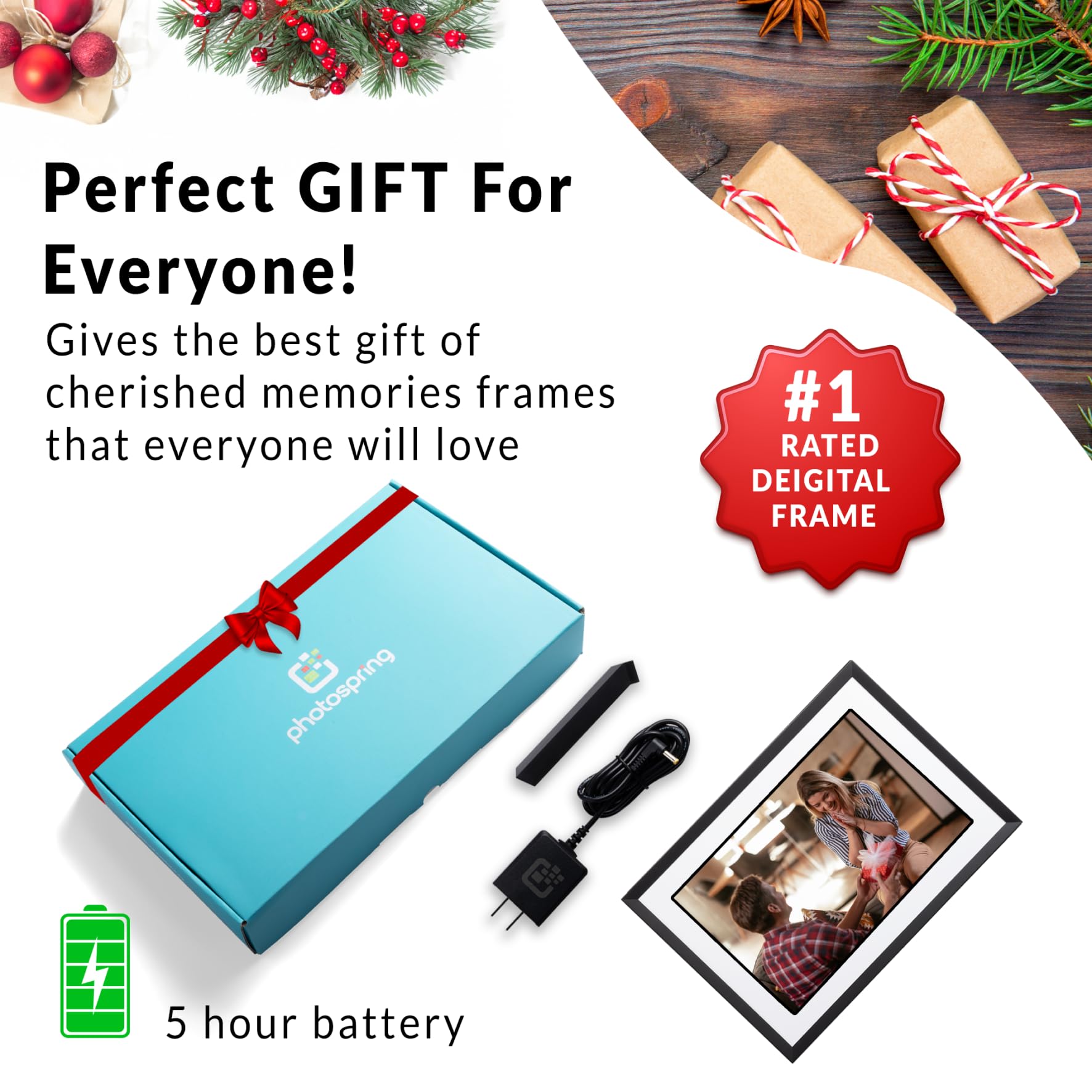 PhotoSpringㅤ 10 inch WiFi Digital Picture Frame | Send Photos by Email, Web or Our Free App | Electronic Picture Frame with Touchscreen &amp; 32GB Internal Memory | Easy Setup | Play Videos up to 5 min