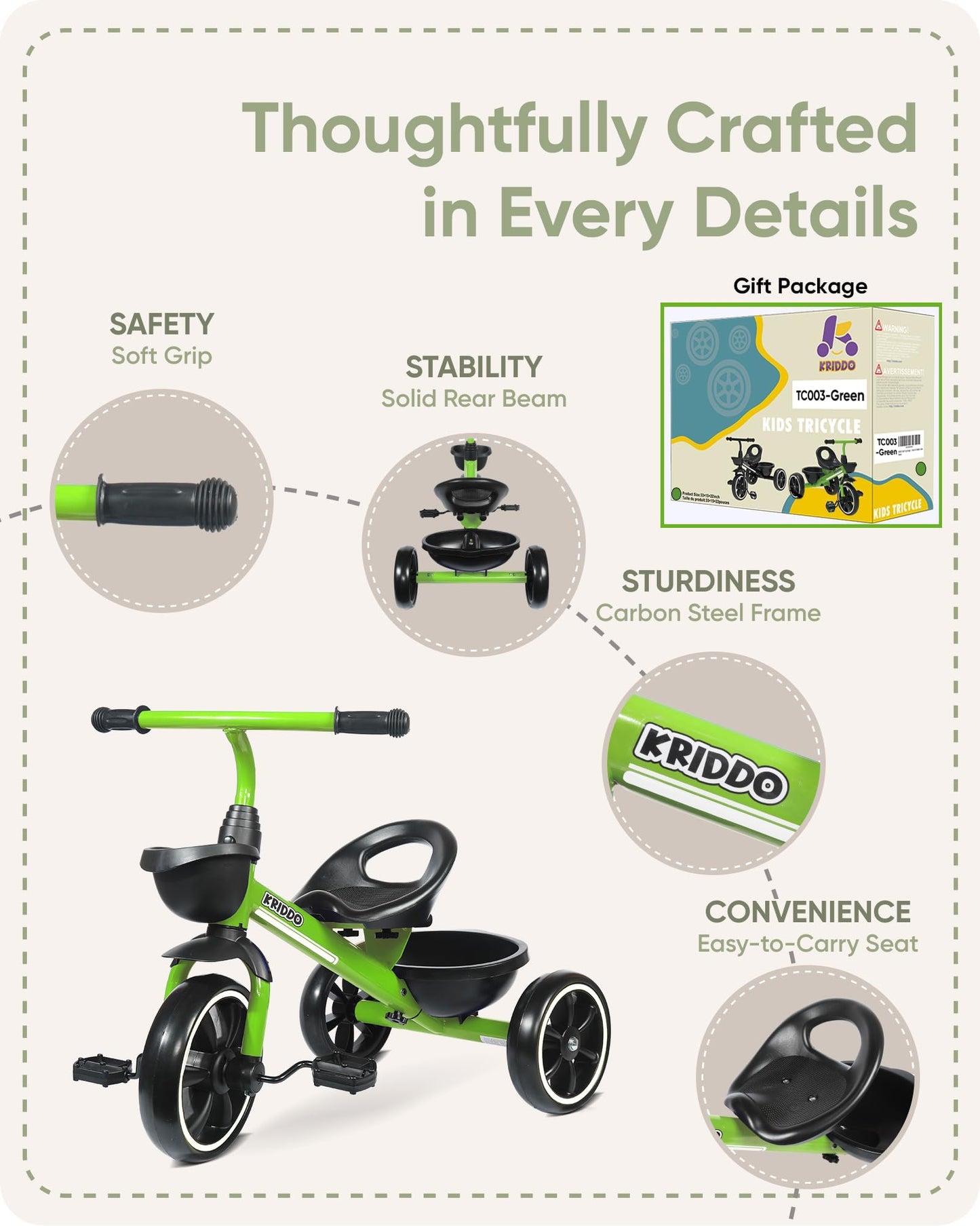 KRIDDO Kids Tricycle for 2-5 Year Olds - Gift for Toddlers - Black