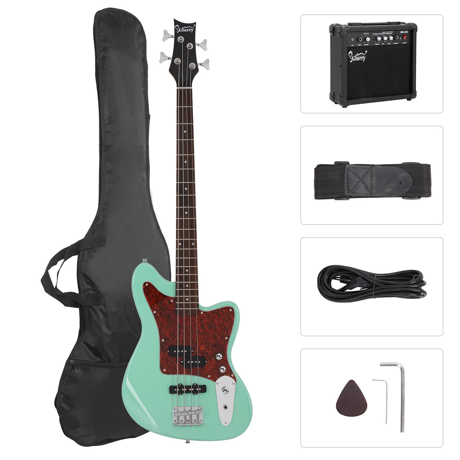 GLARRY 4 String Electric Bass Guitar Beginner Kit w/20w Amp, Red Pearl Guard Full Size Bass with Digital Tuner,Amp Cable, Strap, Bag and Accessories(Black)