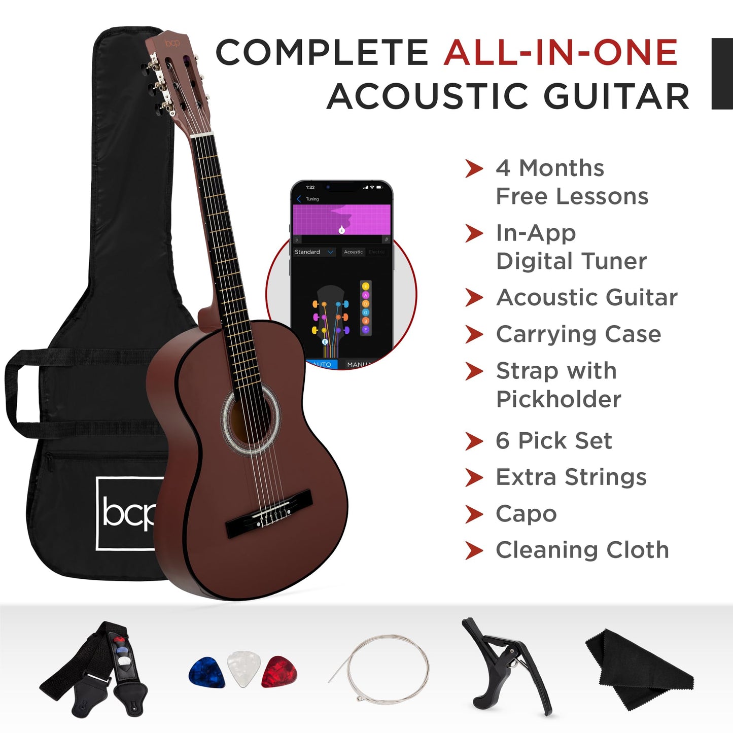 Best Choice Products 30in Kids Acoustic Guitar, All-in-One Beginner Starter Kit w/Strap, Case, Extra Strings, Rosette Inlay - Black