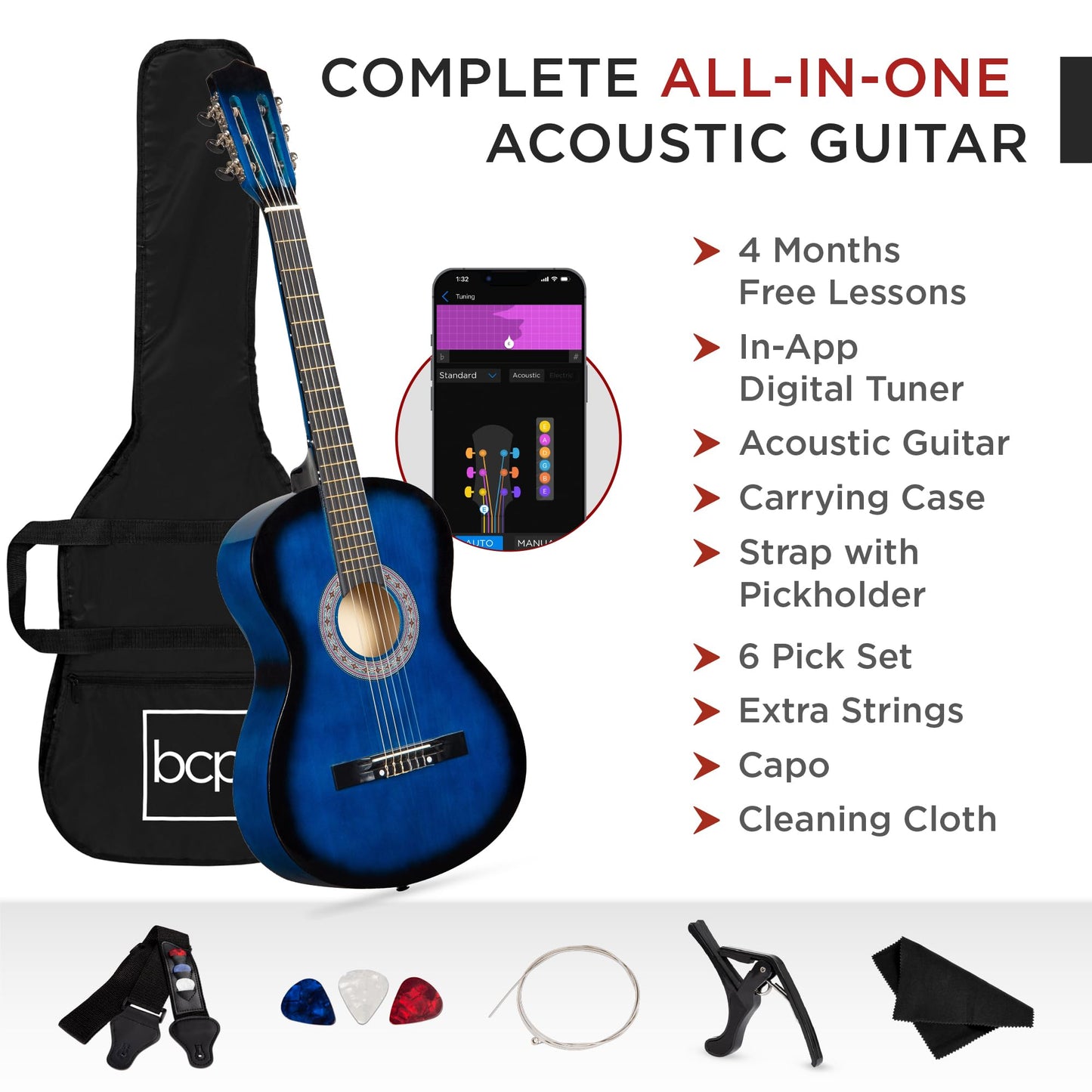 Best Choice Products 30in Kids Acoustic Guitar, All-in-One Beginner Starter Kit w/Strap, Case, Extra Strings, Rosette Inlay - Black