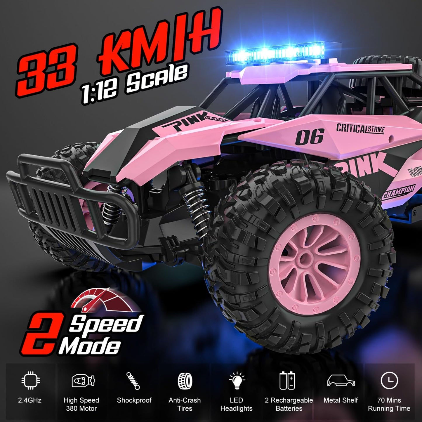 BLUEJAY Remote Control Car, 2.4GHz High Speed 33KM/H RC Cars Toys, 1:12 Monster RC Truck Off Road with LED Headlight and Rechargeable Battery Gifts for Adults Boys 8-12