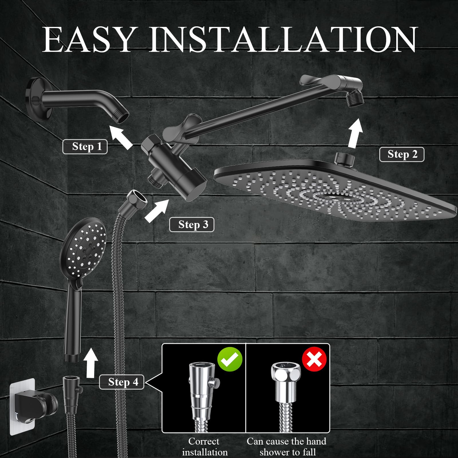 Veken High Pressure Rain Shower Head Combo with Extension Arm- Wide Showerhead with 6 Handheld Water Spray - Adjustable Dual Shower with Anti-Clog Nozzles - Silver Chrome