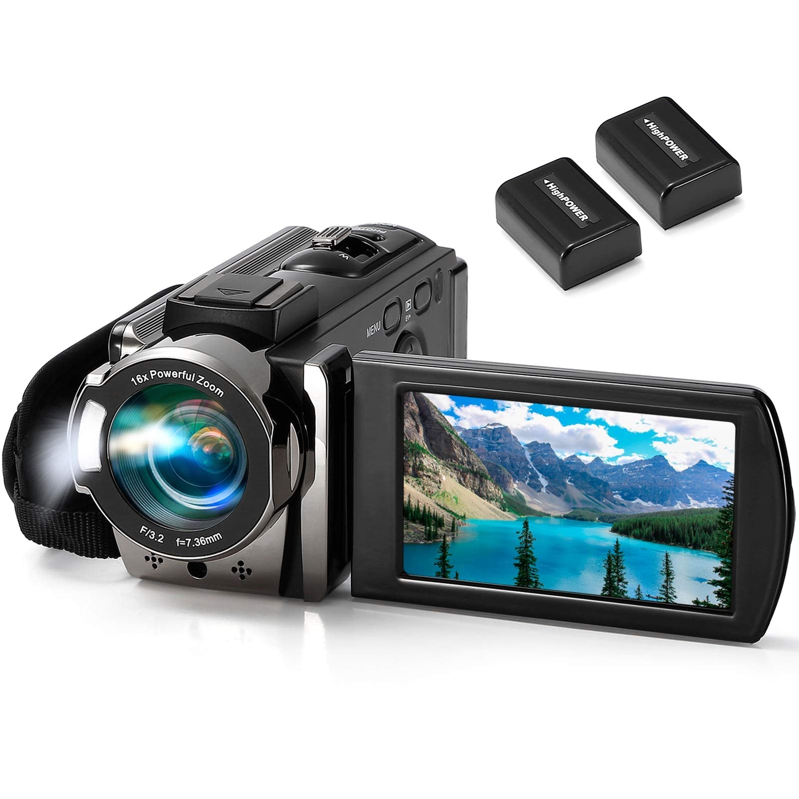 Video Camera Camcorder Digital Camera Recorder Full HD 1080P 15FPS 24MP 3.0 Inch 270 Degree Rotation LCD 16X Digital Zoom Camcorder Camera with 2 Batteries(Black)