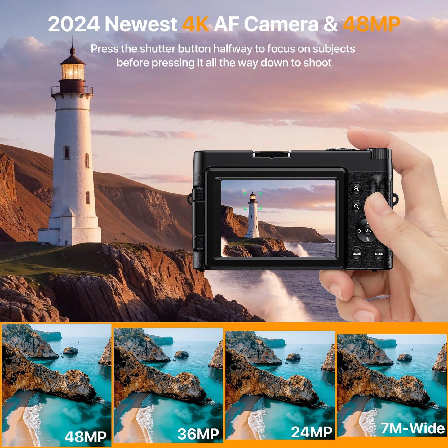 4K Digital Camera for Photography Auto-Focus Vlogging Camera for YouTube Video with 3'' 180° Flip Screen 16X Anti-Shake 4K Camera Compact Cameras with SD Card, Flash, 2 Batteries &amp; Battery Charger