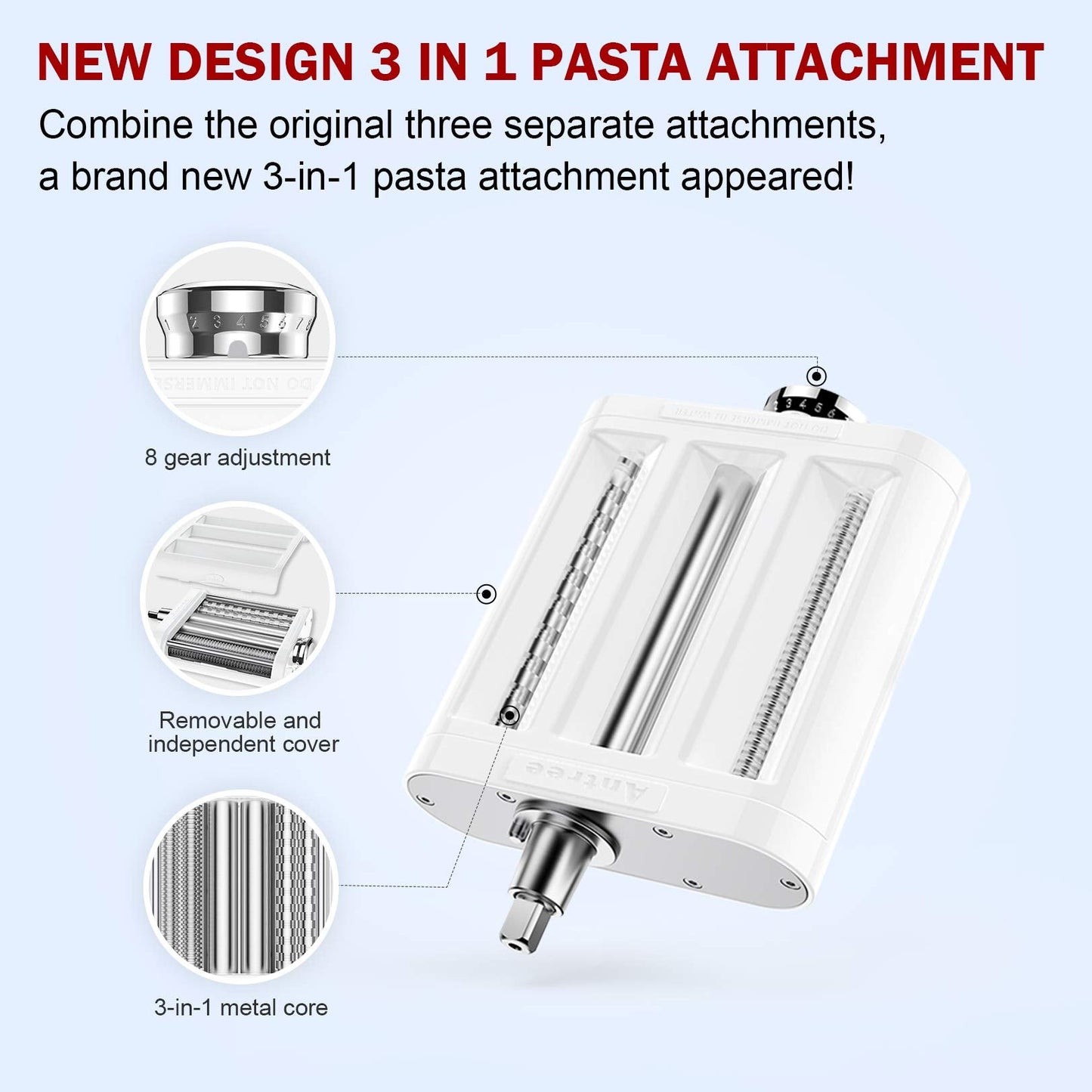 Antree Pasta Maker Attachment 3 in 1 Set for KitchenAid Stand Mixers Included Pasta Sheet Roller, Spaghetti Cutter, Fettuccine Cutter Maker Accessories and Cleaning Brush