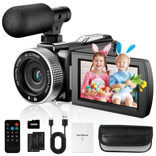 4K Video Camera Camcorder, 4K 60fps Video 48MP Photo, Digital Camcorder Beginner with External Microphone 2 Batteries SD Card Remote