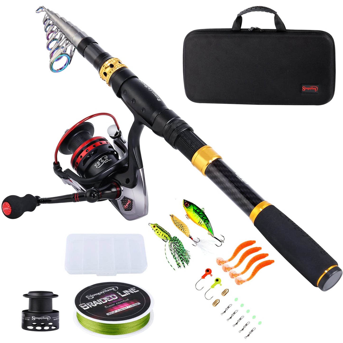 Sougayilang Fishing Rod Combos with Telescopic Fishing Pole Spinning Reels Fishing Carrier Bag for Travel Saltwater Freshwater Fishing