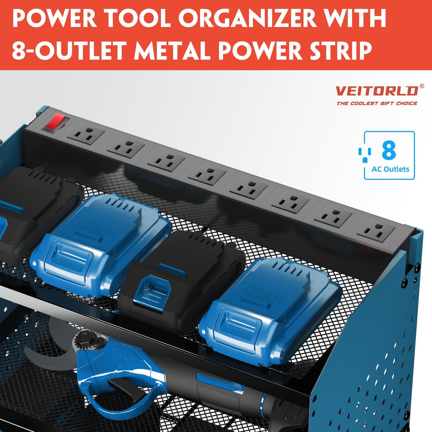 Veitorld Power Tool Organizer with Charging Station, Garage Tool Storage Organizer Built in 8 Outlet Power Strip with Drawers, 6 Drill Holder Wall Mount, Gifts for Men Dad Husband Him Fathers Day