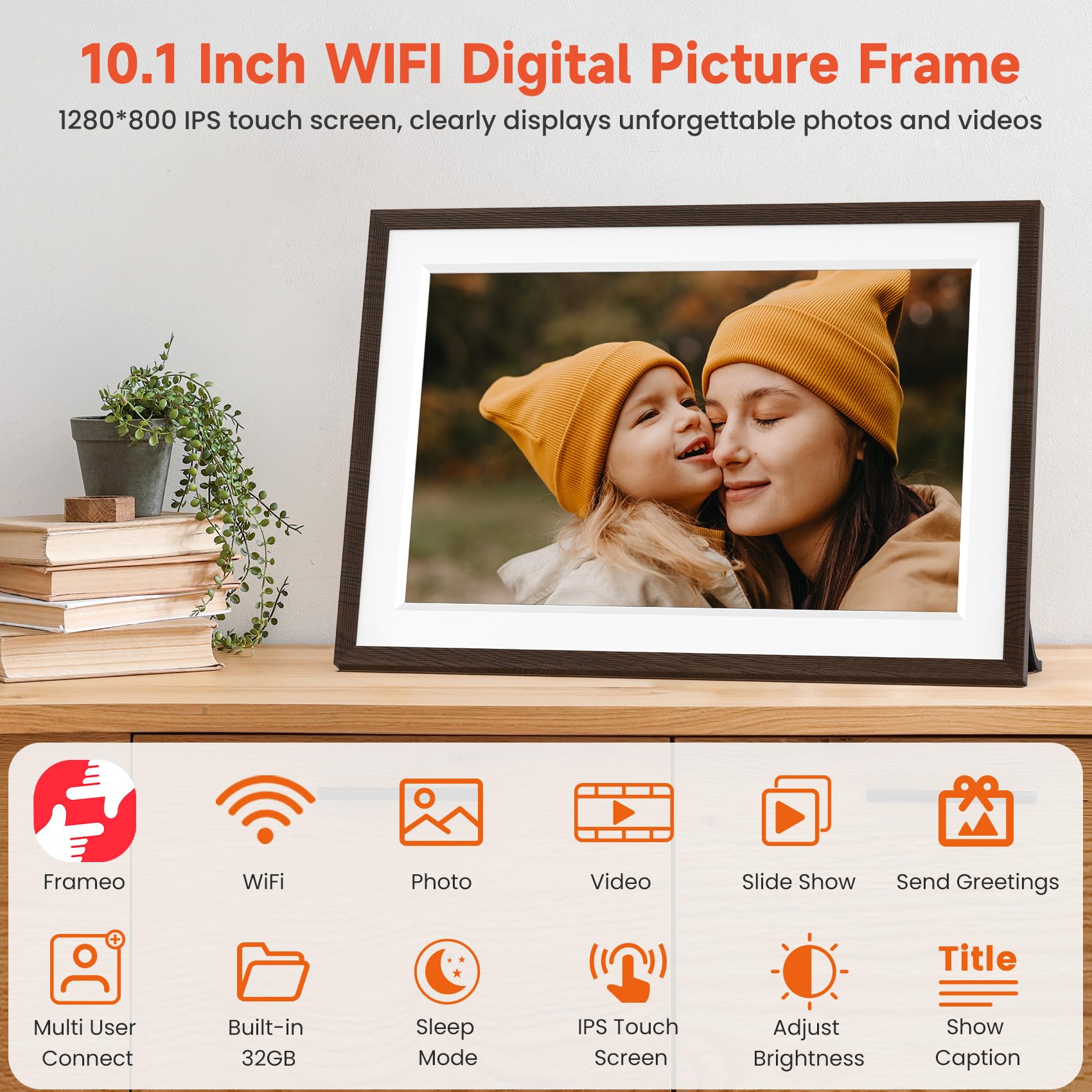 Frameo 10.1" WiFi Digital Picture Frame with 32GB Memory, 1280 x 800 IPS HD Touch Screen Electronic Photo Frame, Auto-Rotate, Slideshow, Wall Mountable, Share Photos/Video Remotely Anywhere