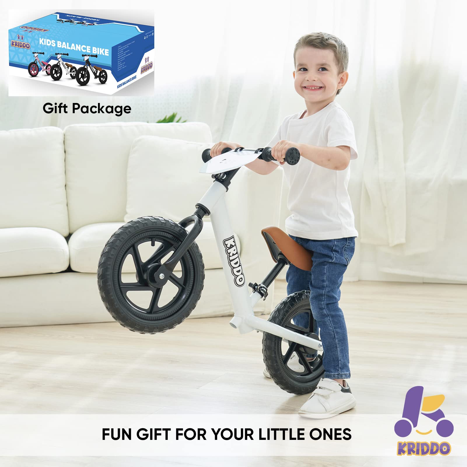 KRIDDO Toddler Balance Bike 2 Year Old, Age 24 Months to 5 Years Old, 12 Inch Push Bicycle with Customize Plate (3 Sets of Stickers Included), Steady Balancing, Gift Bike for 2-3 Boys Girls