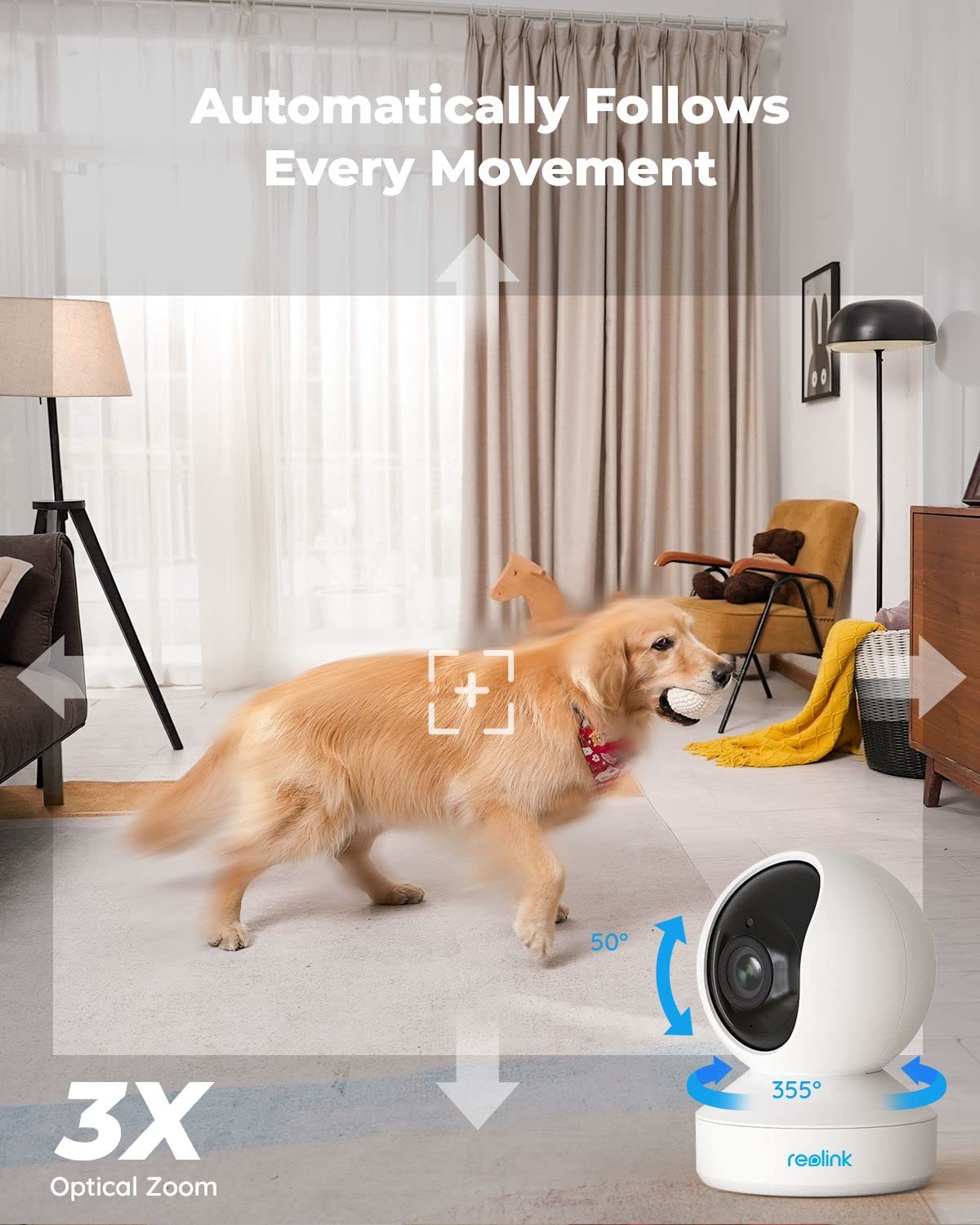 REOLINK 5GHz WiFi Indoor Camera, 5MP Plug-in Security Camera with 3X Optical Zoom, 360 Degree Baby/Dog Monitor with Auto Tracking, Person/Pet Detection, 2.4/5 GHz WiFi, Local Storage, E1 Zoom