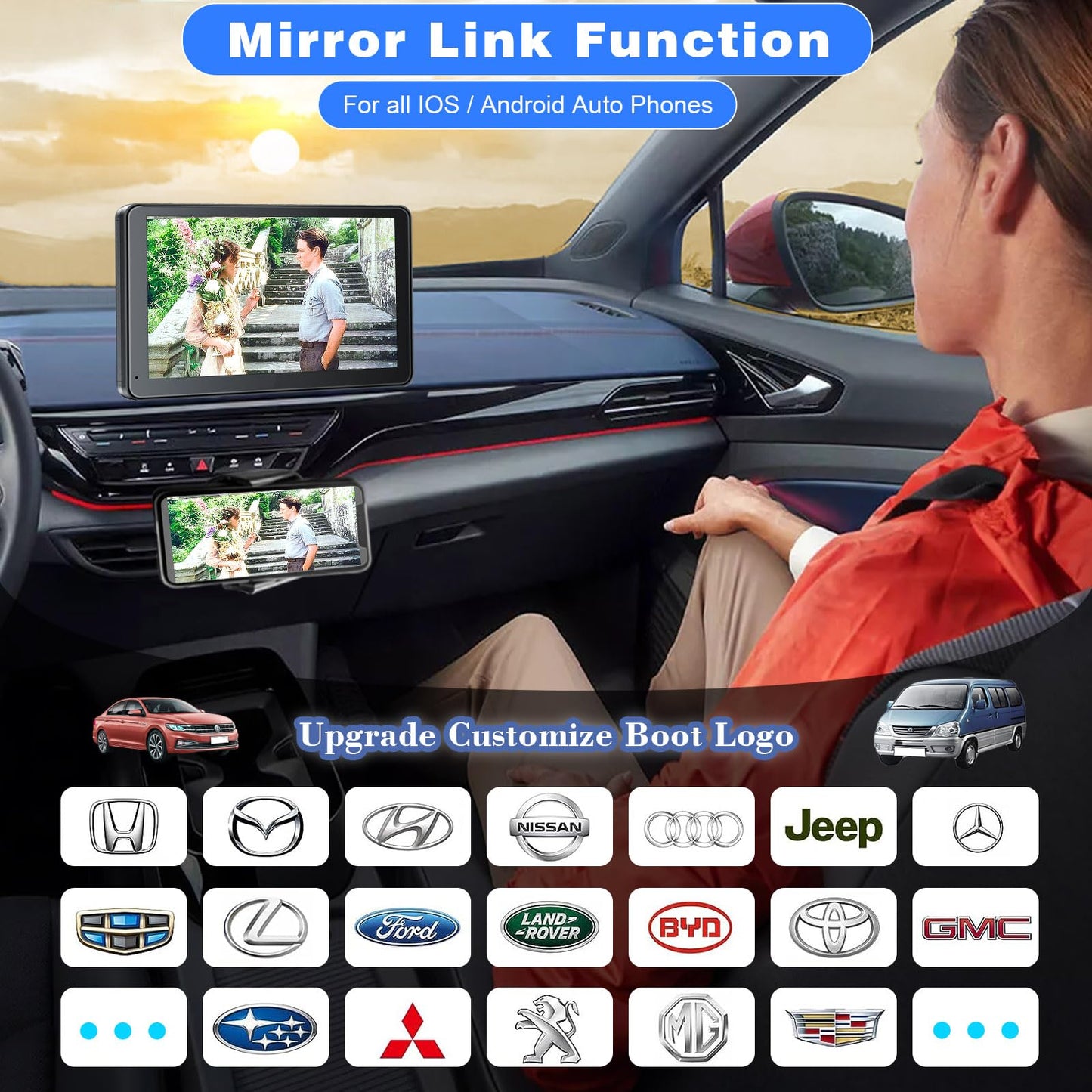 Portable Newest Wireless Apple CarPlay and Android Auto Screen for Car, 7" HD Touch Screen Car Stereo with Mirror Link, Bluetooth 5.2, Backup Camera, AUX,FM Transmitter for All Vehicle