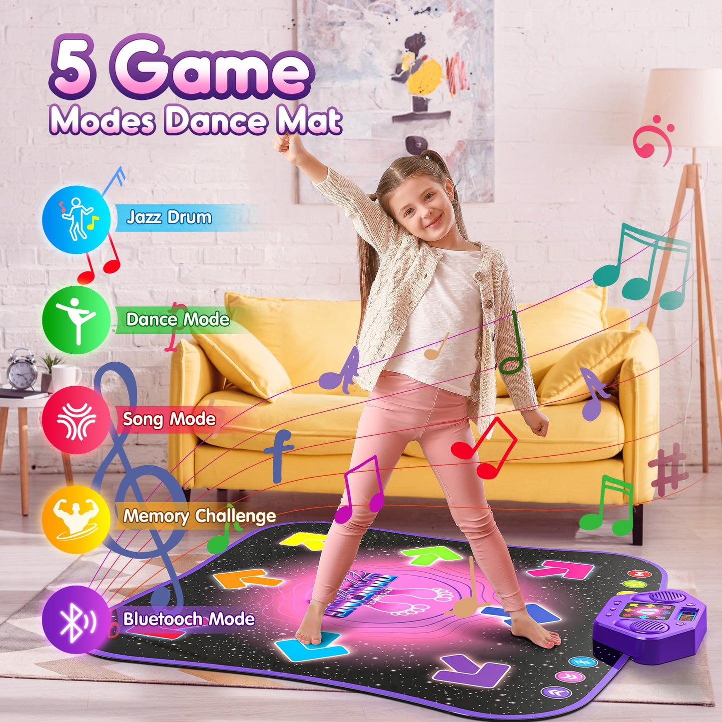 Flooyes Dance Mat Toys for 3-12 Year Old Kids, Electronic Dance Pad with Light-up 6-Button Wireless Bluetooth, Music Dance with 5 Game Modes, Birthday Toys Gifts for 3 4 5 6 7 8 9 10+ Year Old Girls