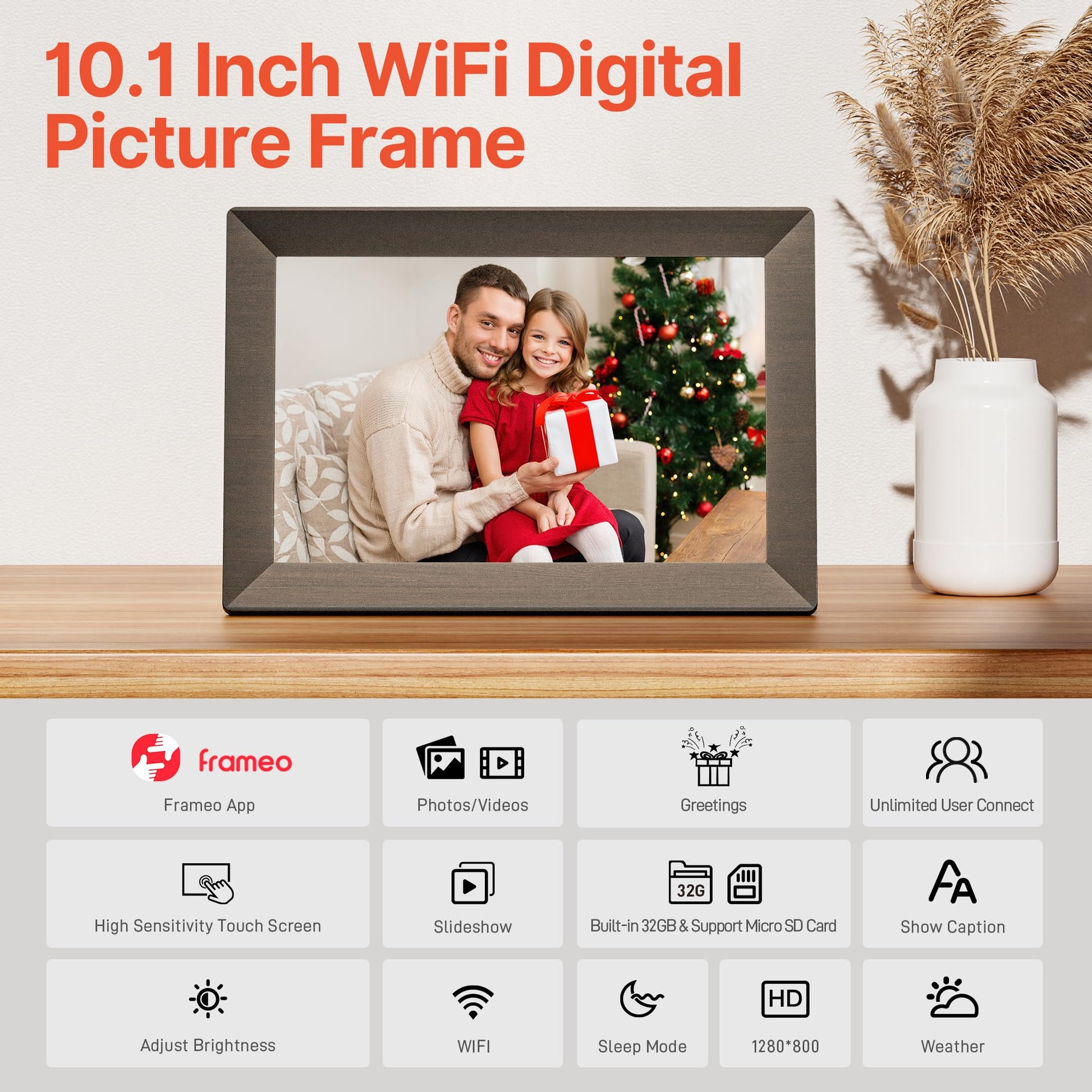 Frameo 10.1" WiFi Digital Picture Frame with 32GB Memory, 1280 x 800 IPS HD Touch Screen Electronic Photo Frame, Auto-Rotate, Slideshow, Wall Mountable, Share Photos/Video Remotely Anywhere