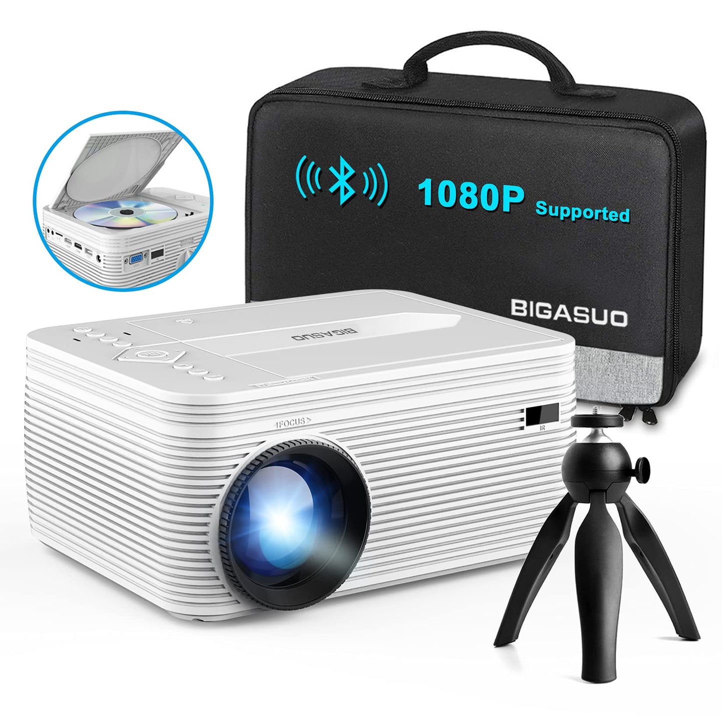 BIGASUO HD 9000L Bluetooth Projector Built in DVD Player, Mini Outdoor Movie Projector 1080P and 250”Supported with Tripod and Carry Bag, Compatible w/ TV Stick, PS5, Laptop