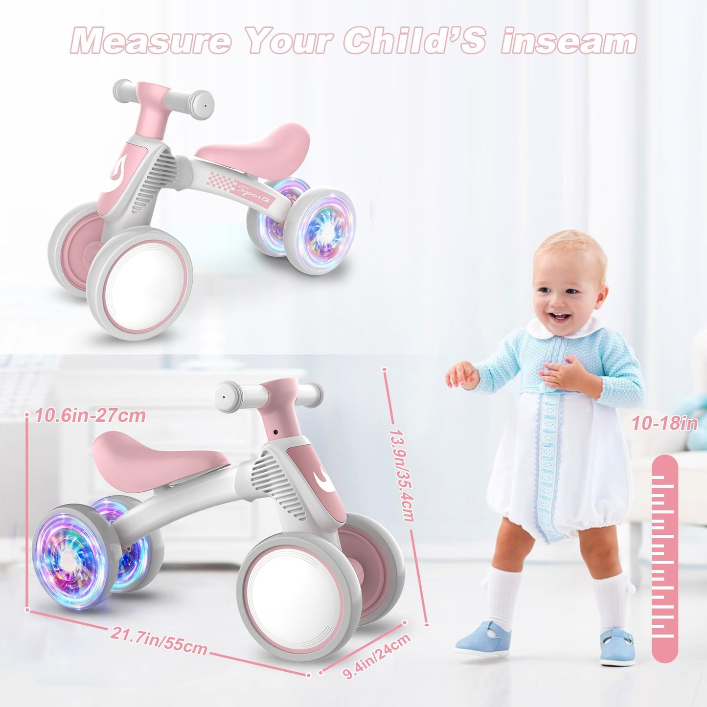 Colorful Lighting Baby Balance Bike Toys for 1 Year Old Boy Gifts, 10-36 Month Toddler Balance Bike, No Pedal 4 Silence Wheels &amp; Soft Seat First Bike, One Year Old Boy Birthday Gift.