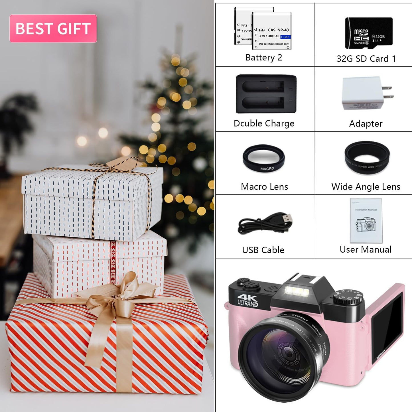 VETEK Digital Cameras for Photography, 4K 48MP Vlogging Camera 16X Digital Zoom Manual Focus Students Compact Camera with 52mm Wide-Angle Lens &amp; Macro Lens, 32G Micro Card and 2 Batteries (Pink)