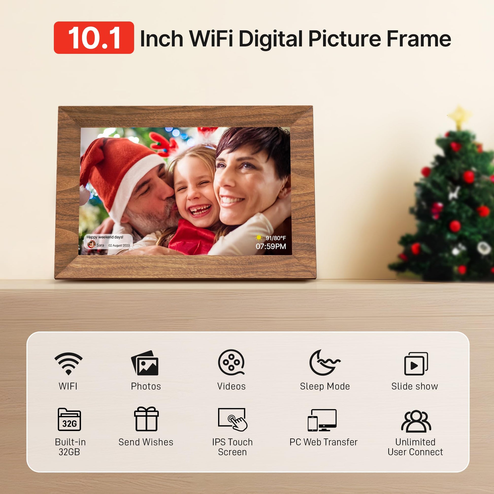 MaxAngel Digital Picture Frame 32GB Storage 10.1 Inch WiFi Electronic Photo Frame SD Card Slot IPS Touch Screen HD Display Auto-Rotate Slideshow Share Videos Photos Send Wishes via Uhale Remotely