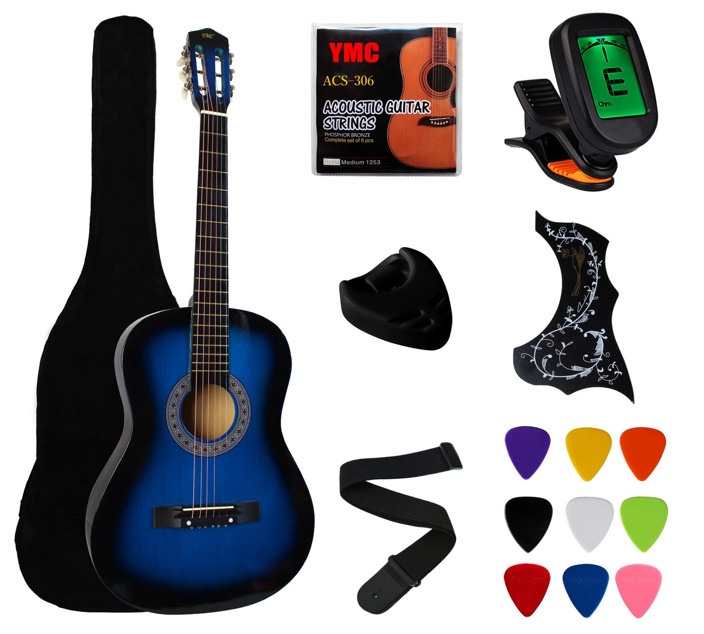 YMC 38" Black Beginner Acoustic Guitar Starter Package Student Guitar with Gig Bag,Strap, 3 thickness 9 picks,2 Pickguards,Pick Holder, Extra Strings, Electronic Tuner -Black