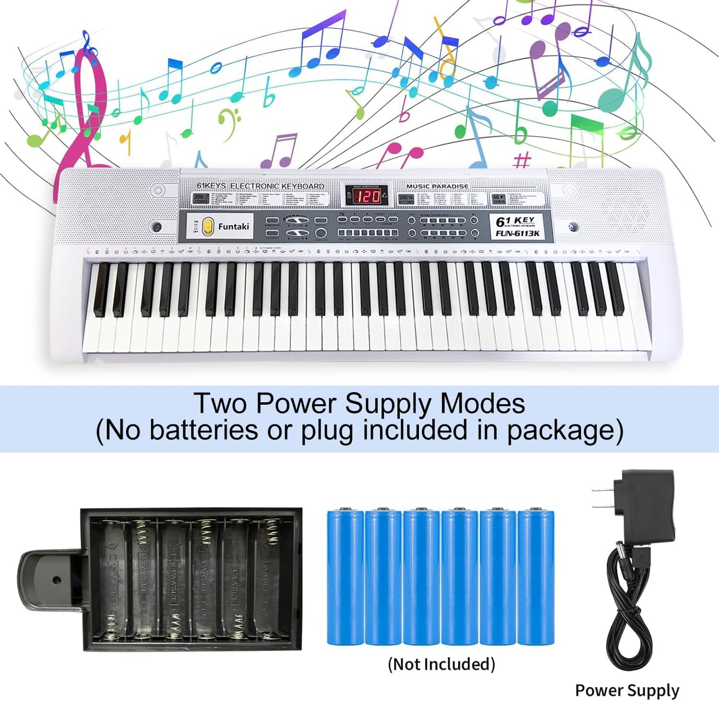 Portable 61-Keys Digital Piano, Electronic Keyboard Piano with Lighted Keys &amp; Music Stand, Mini Keyboard Piano for Beginners Kids Adults, Digital Keyboards, Black [NO Adapter]