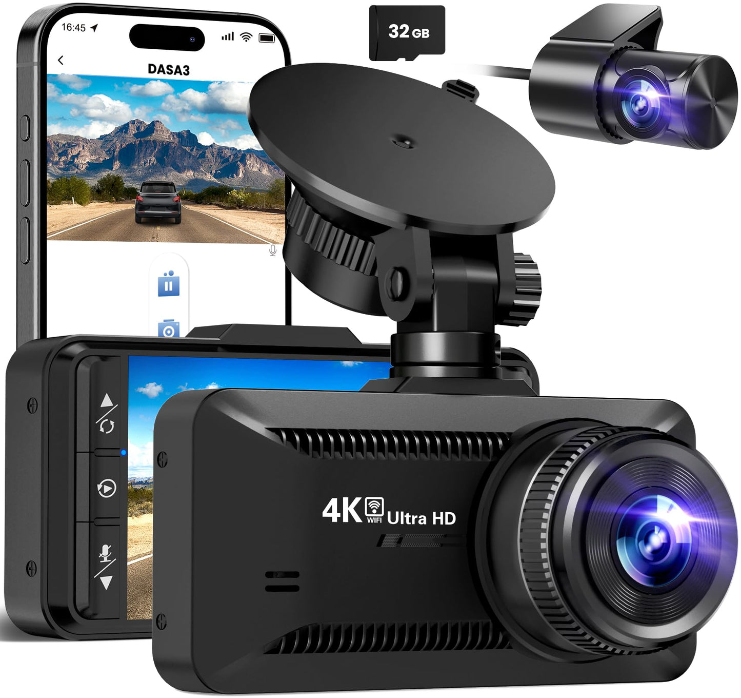 Dash Cam Front and Rear 4K/1080P, Dash Camera for Cars Build in WiFi, Full HD Dash Cam with APP Control, 3.94'' IPS Screen Dash Camera with 32GB SD Card, G-Sensor, 24Hr Parking Mote, Loop Recording