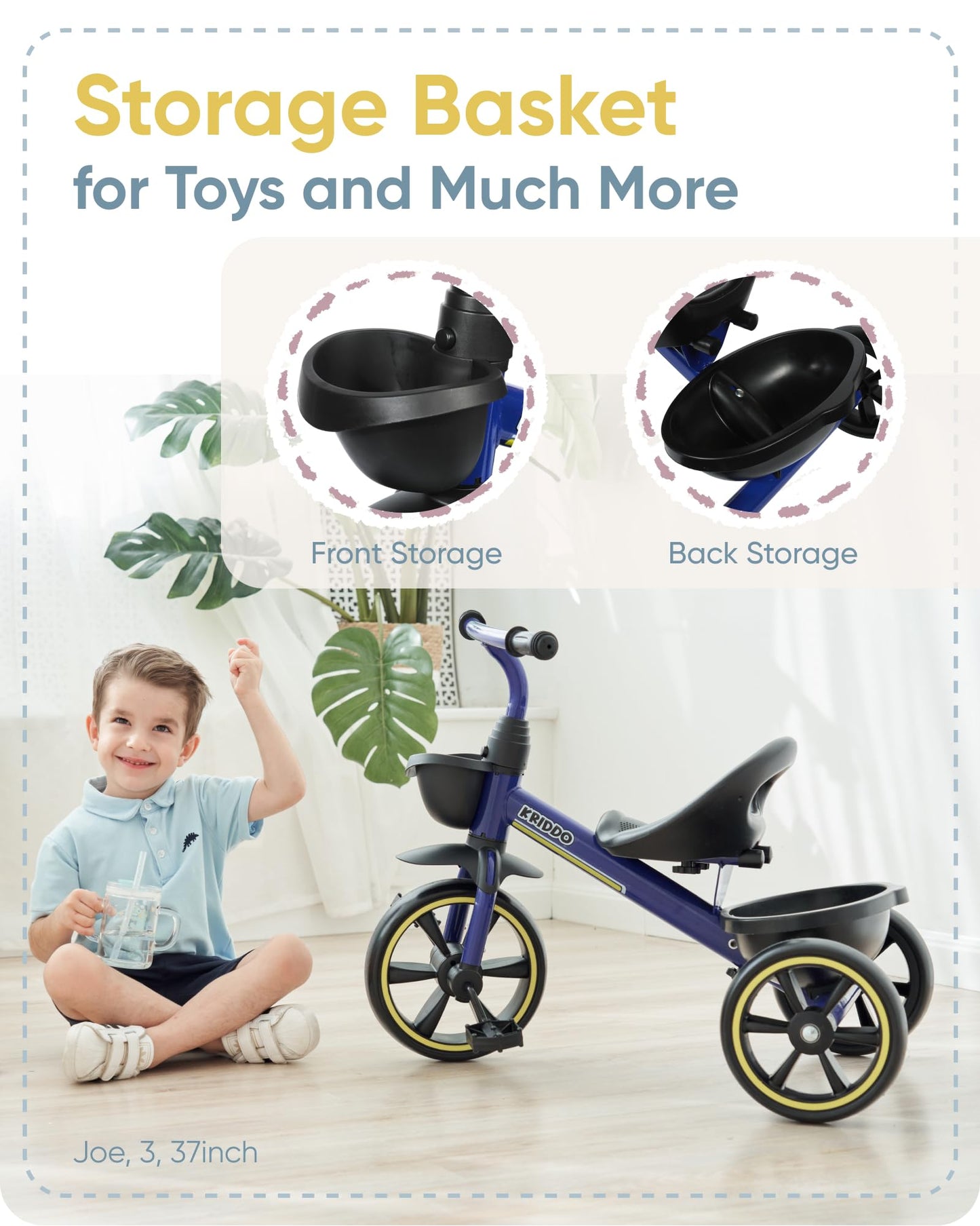 KRIDDO Kids Tricycle for 2-5 Year Olds - Gift for Toddlers - Black